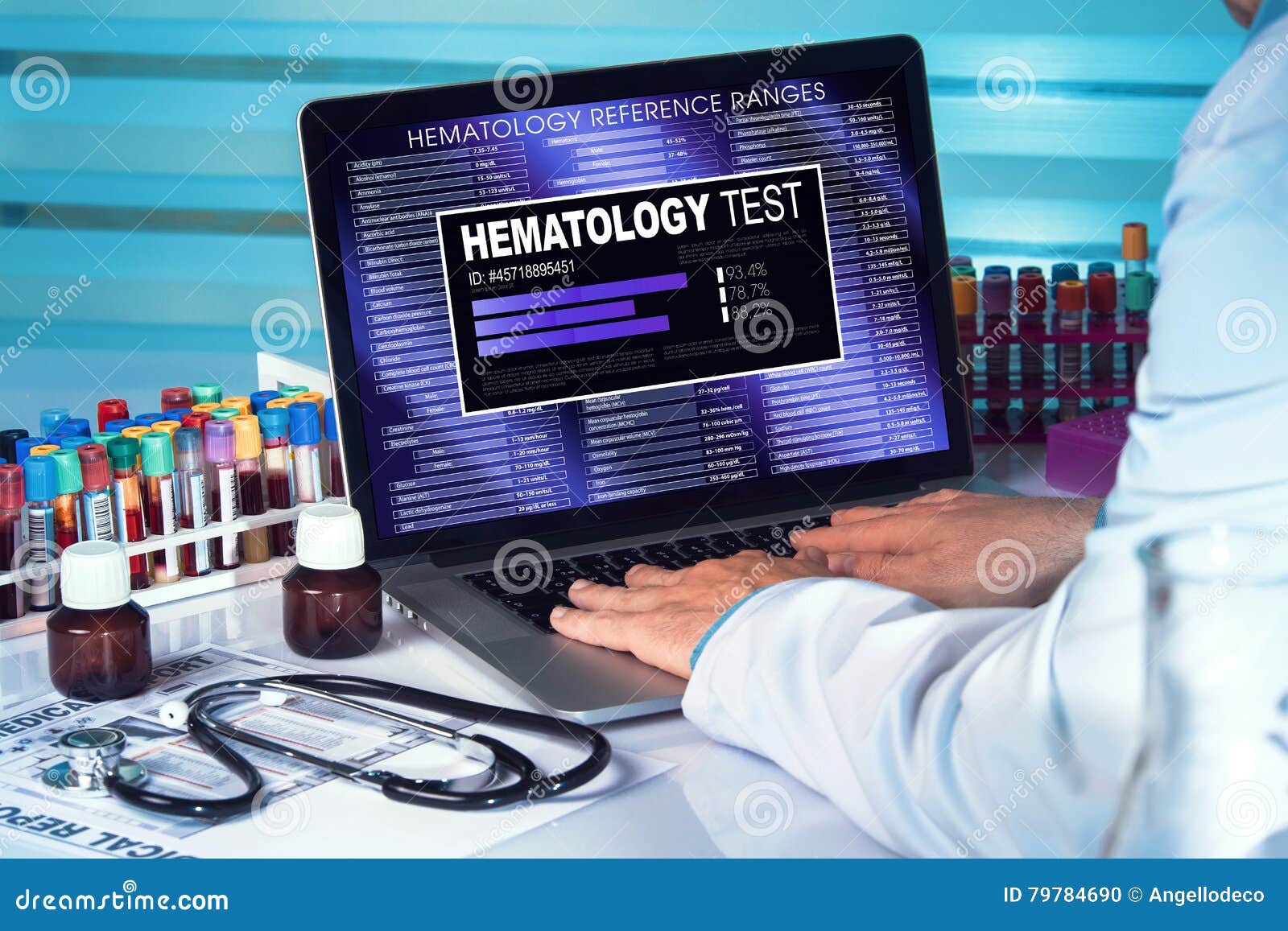 hematology test. doctor in lab examining blood sample in laptop