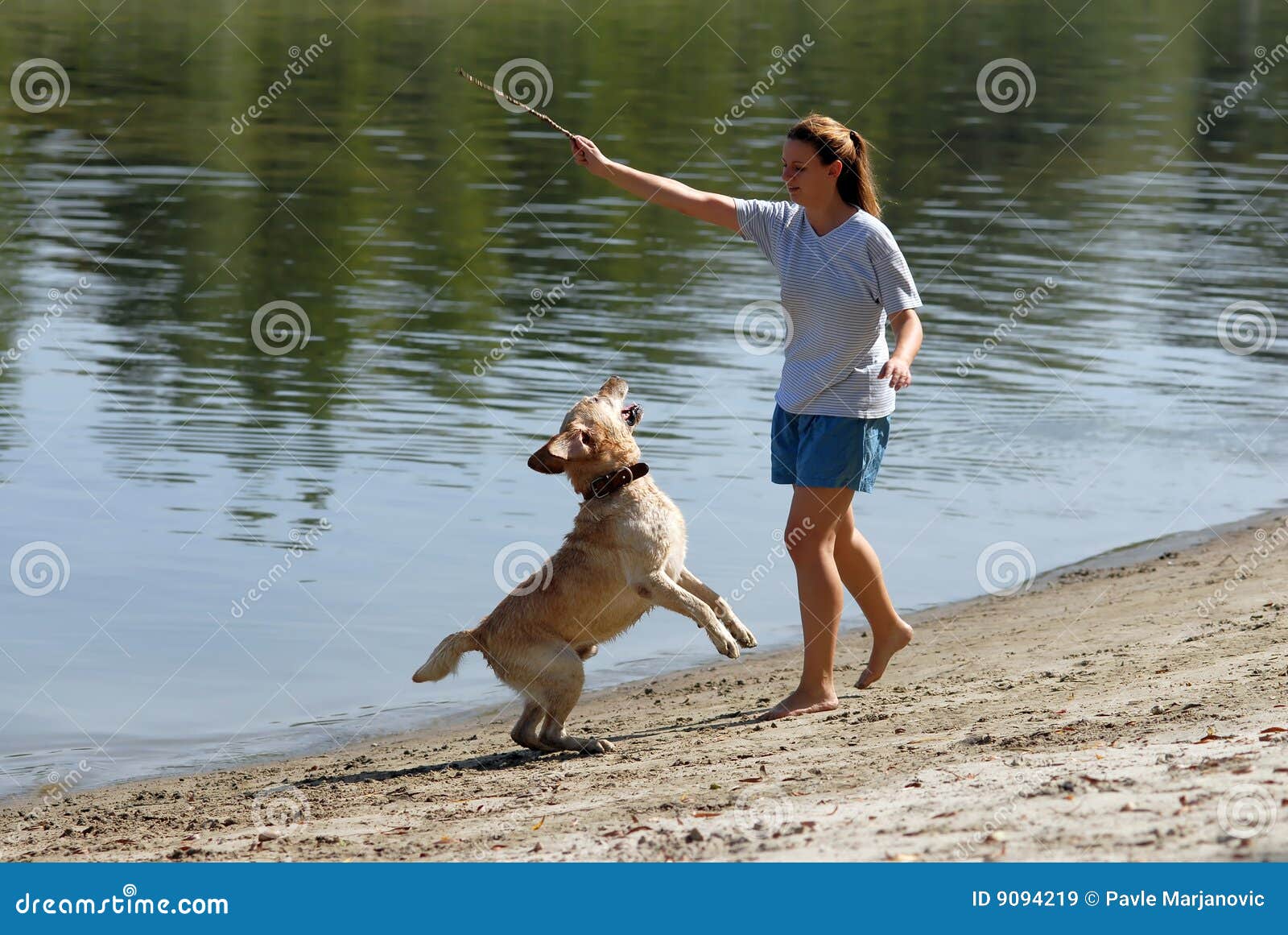 Hembra attracive joven y su perro que juegan cerca del agua
