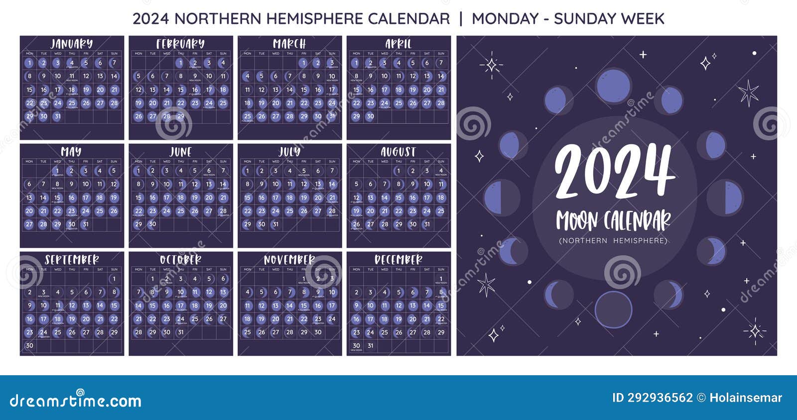Hemisferio Norte Del Calendario Lunar De 2024. De Lunes a Domingo  Ilustración del Vector - Ilustración de lechoso, editable: 292936562