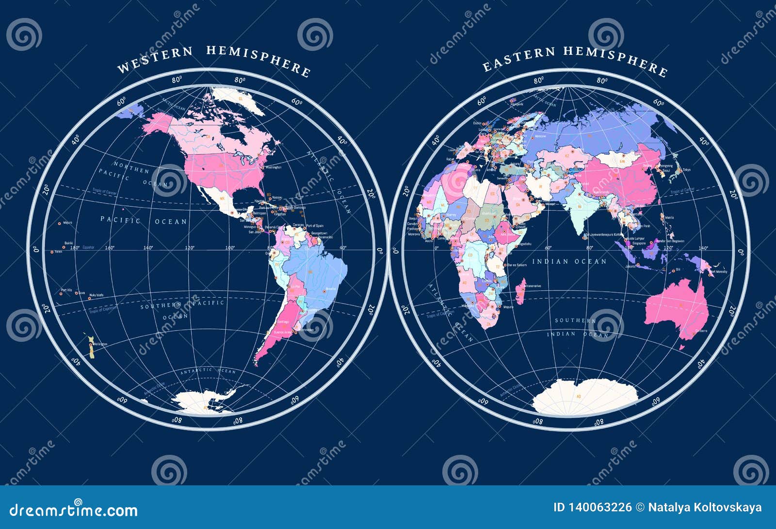 Map Of Hemispheres On Dark Blue Background Stock Vector Illustration