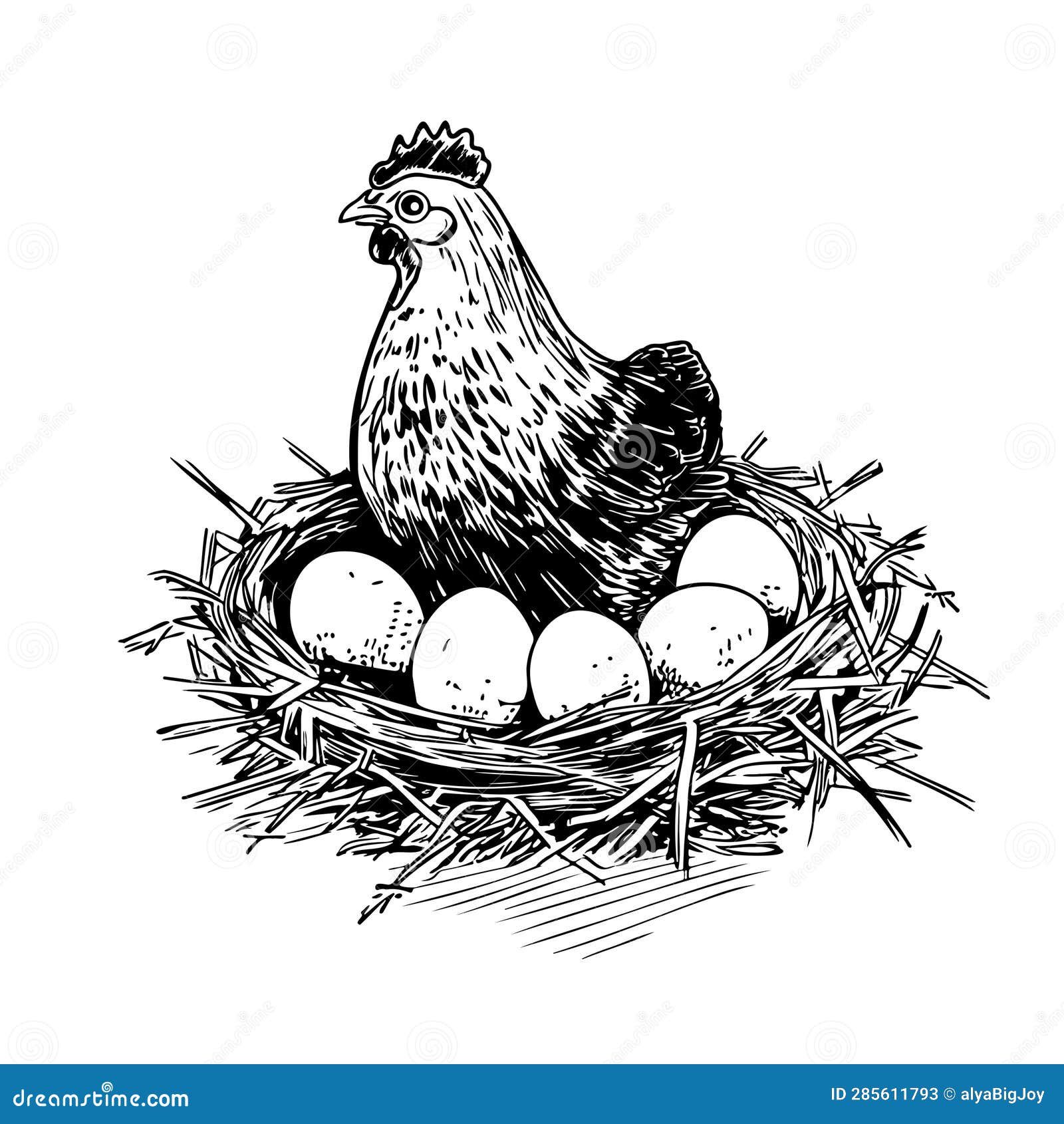 Laying hen in nest sketch farm chicken Royalty Free Vector