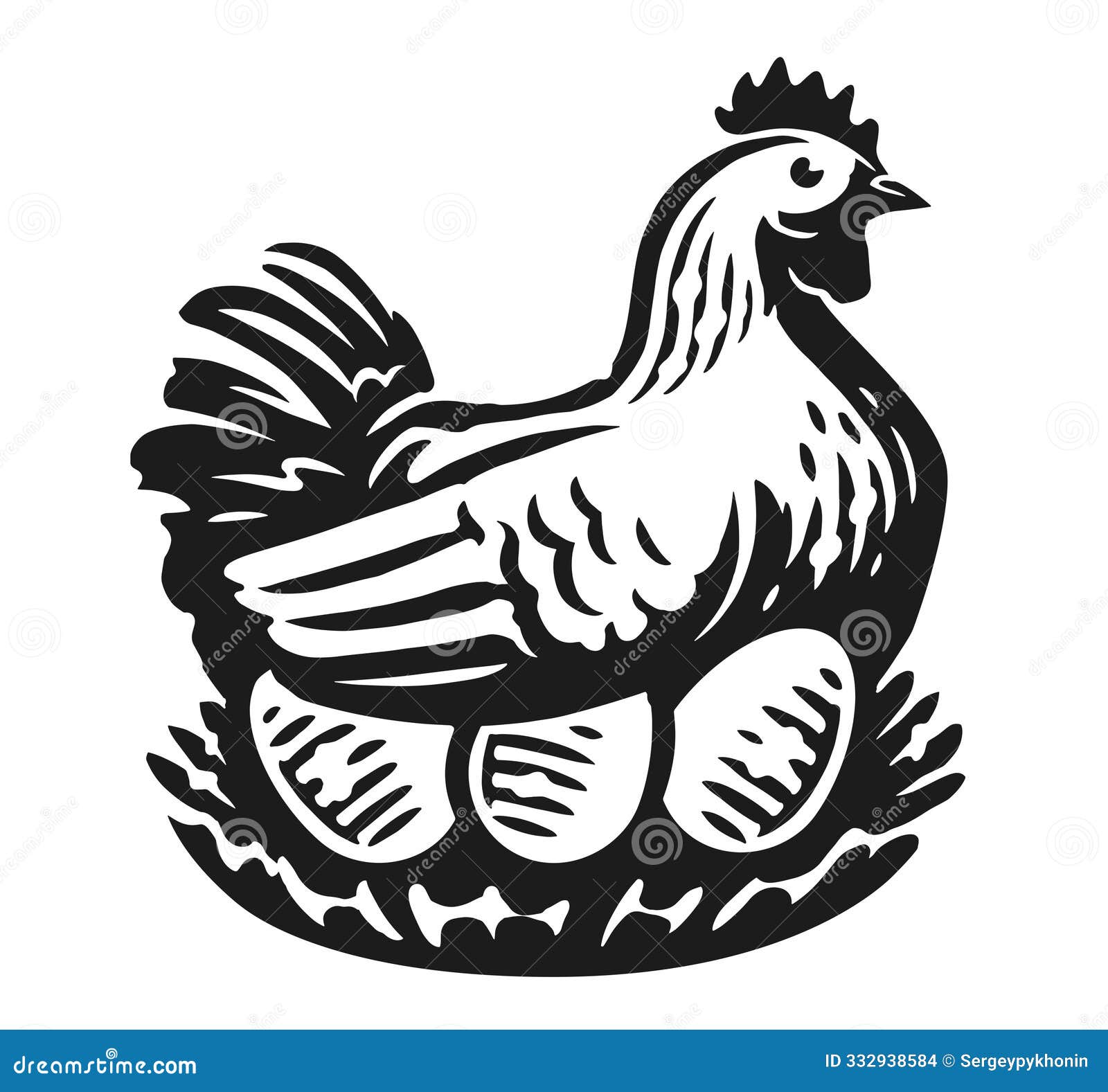 hen with eggs in a nest. poultry farm, chicken. hand drawn black and white  