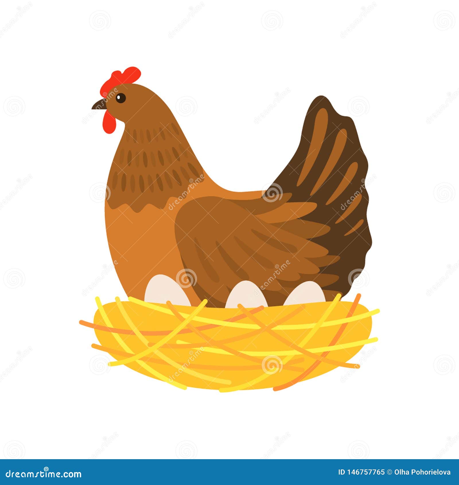 The Hen Hatch Eggs in the Nest. Flat Vector Illustration Isolated Stock