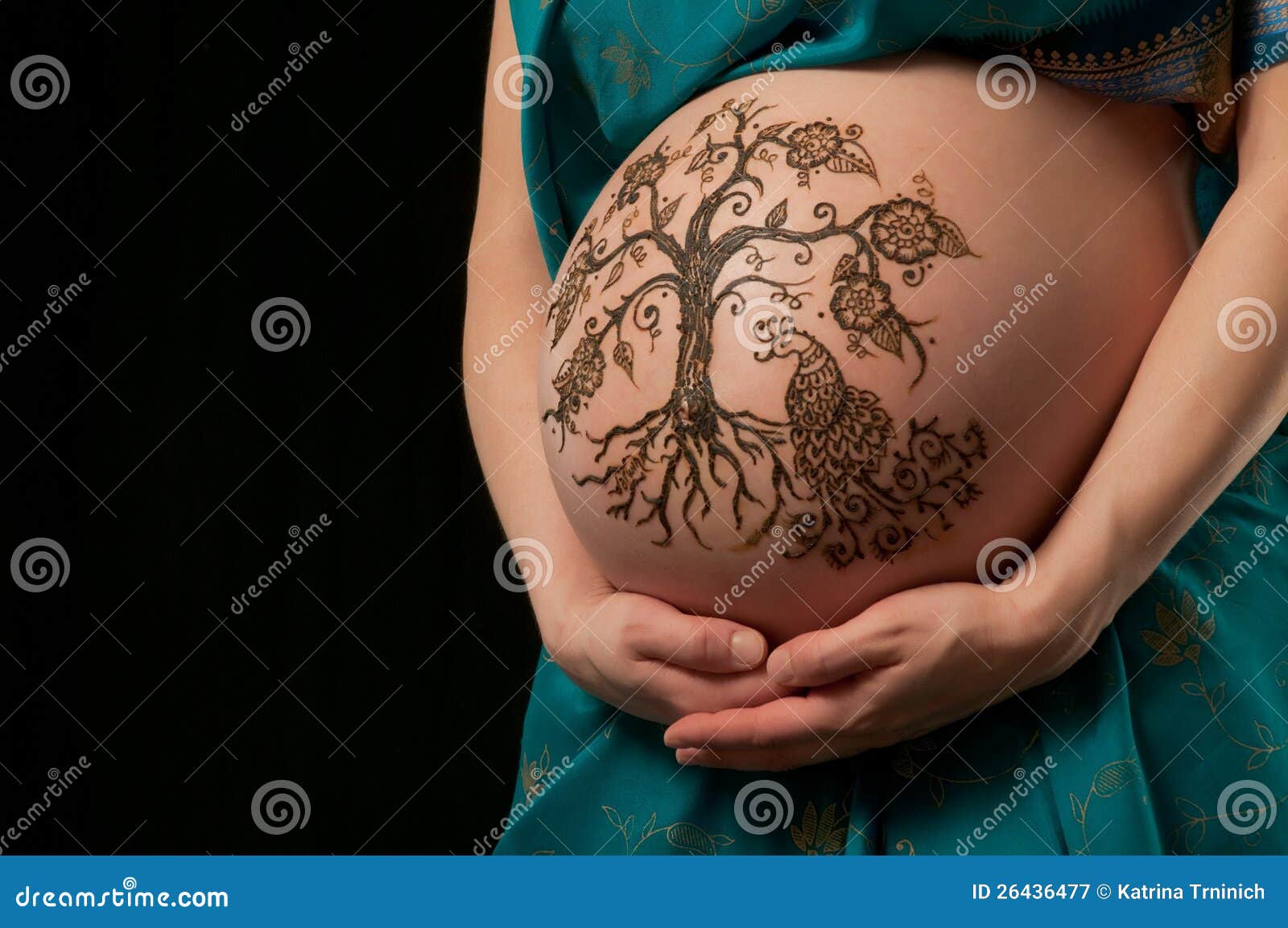 Harmless Henna Floral Drawing Art on Boho Pregnant Woman Tummy
