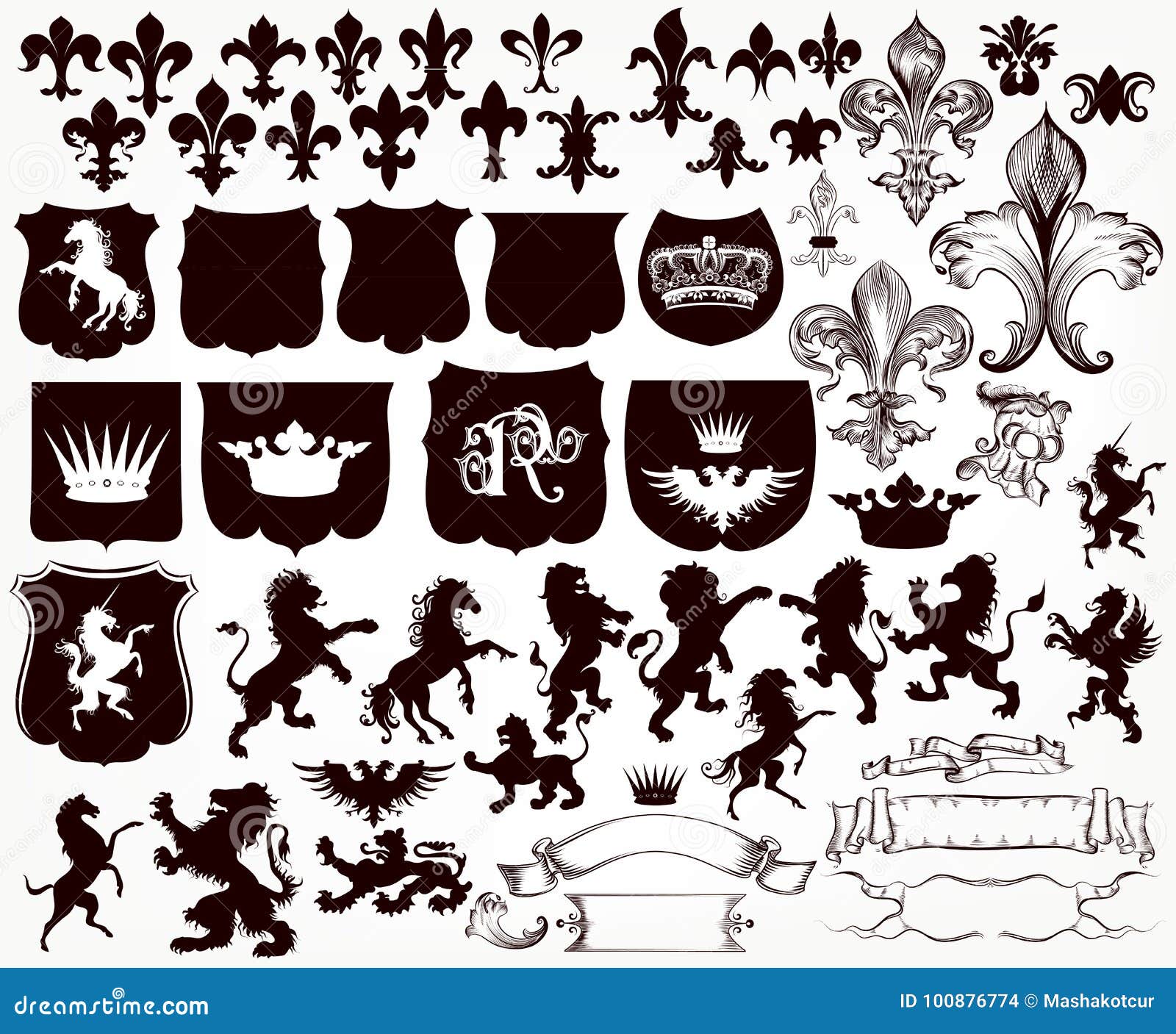 heraldic collection of shields, silhouettes of lions
