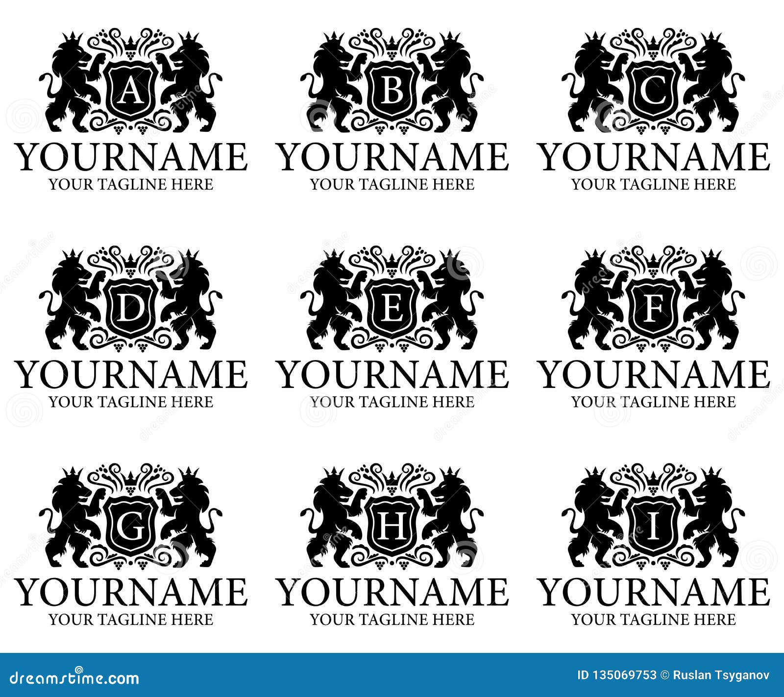 Heraldikbokstav A B C D E F G H I Och Vapen Lejon Med Kronan Och Skold Logodesign Djur Natur Vaxt Och Sidor Ve Vektor Illustrationer Illustration Av Calligraphic Calligraphy