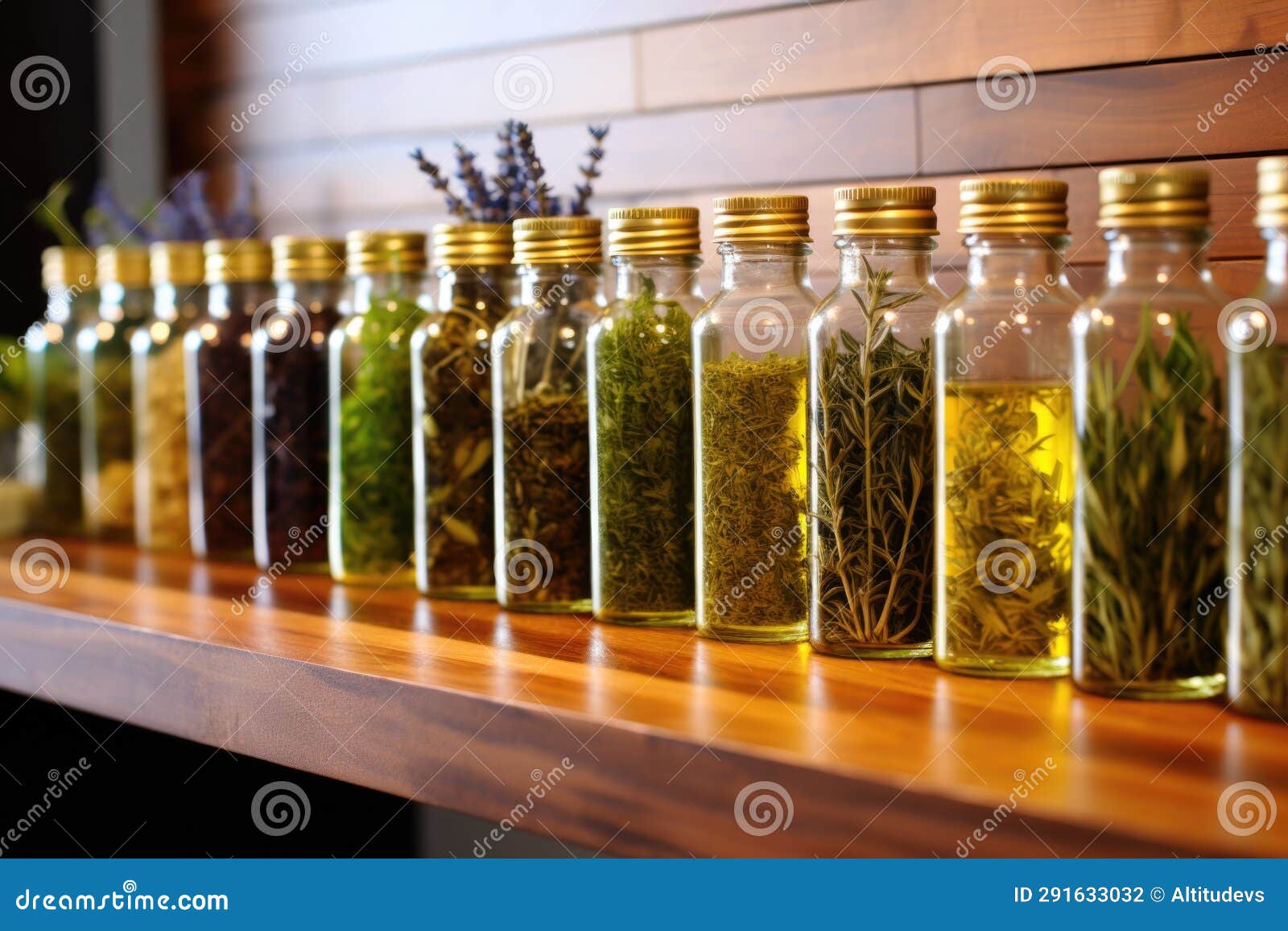 Herb Infused Oils Lined on a Lighted Shelf Stock Photo Image of