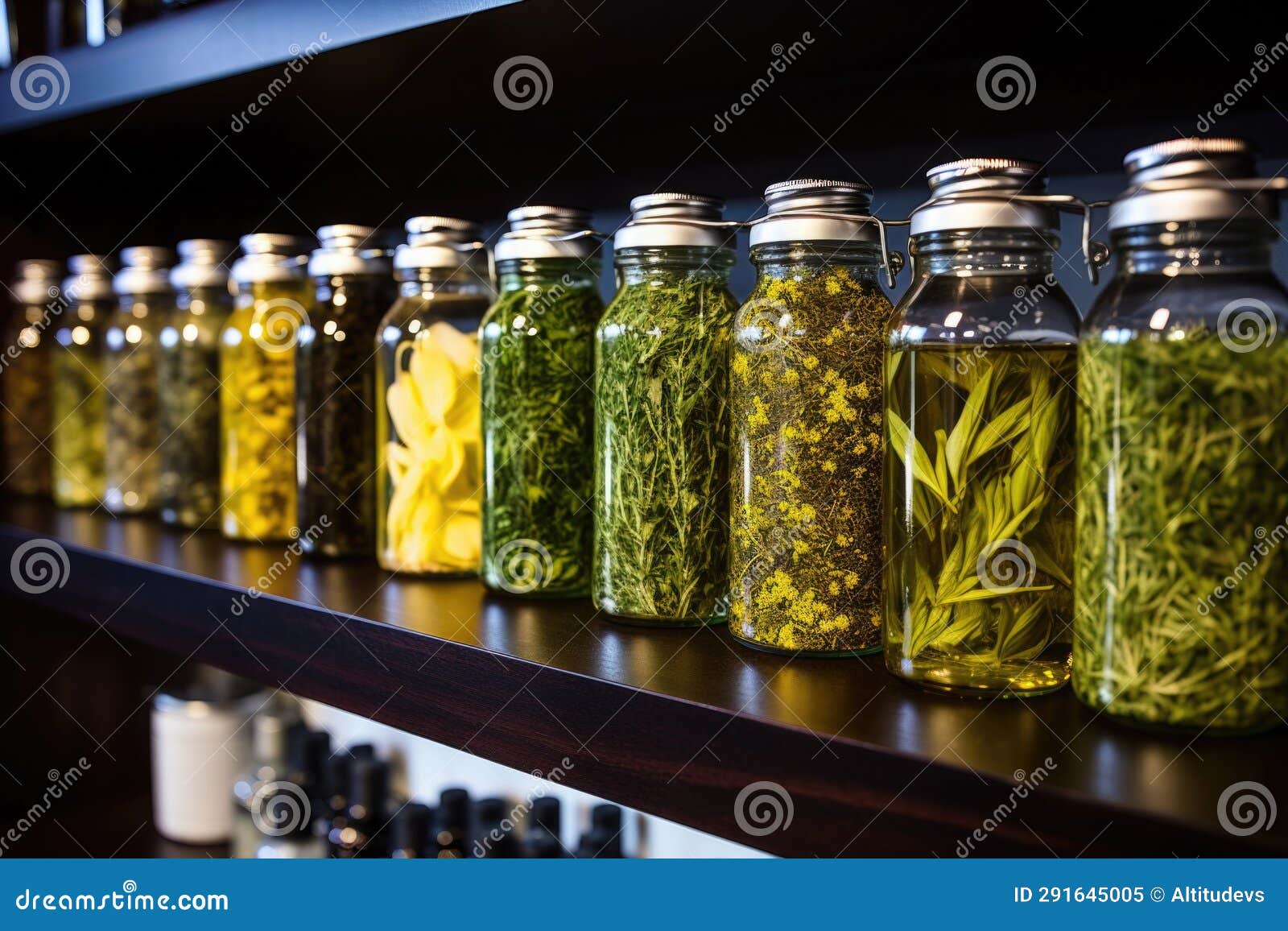 Herb Infused Oils Lined on a Lighted Shelf Stock Image Image of food