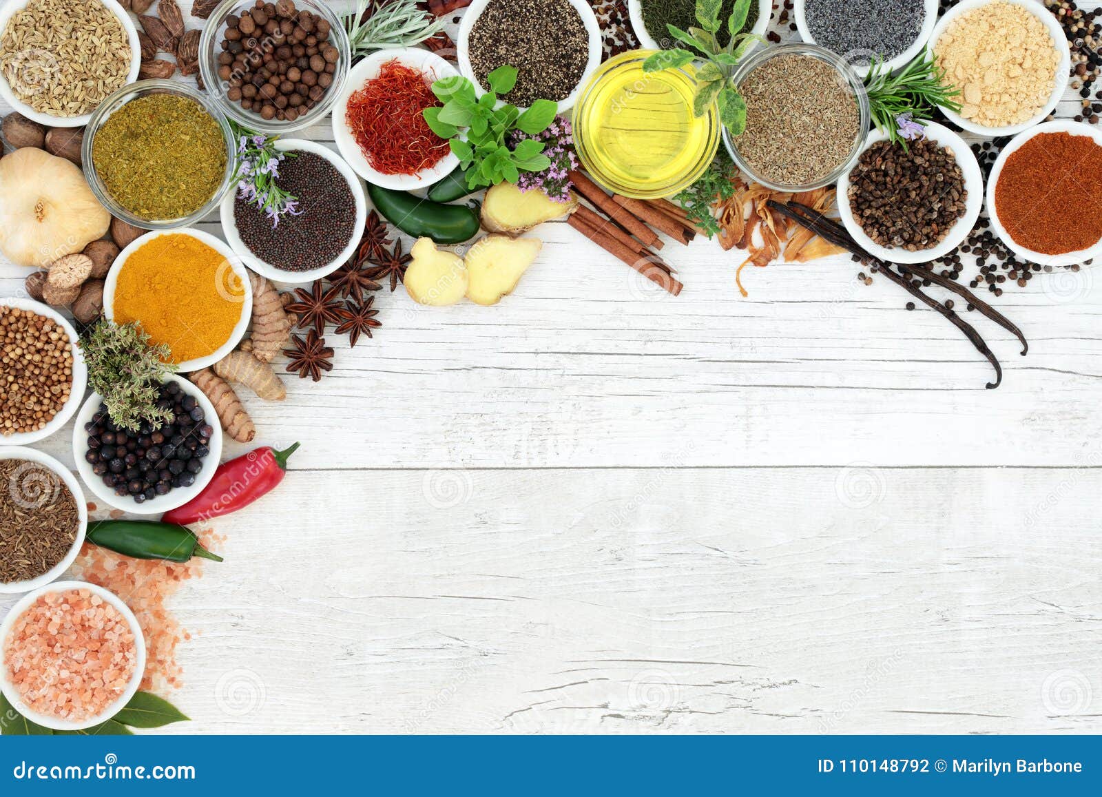 picture Photos Of Herbs And Spices https www dreamstime com herb spice seasoning abstract background border fresh dried herbs spices olive oil rustic white wood top view image110148792