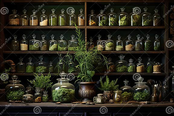 Herbal Apothecary Aesthetic. Jars with Herbs on a Wooden Background ...