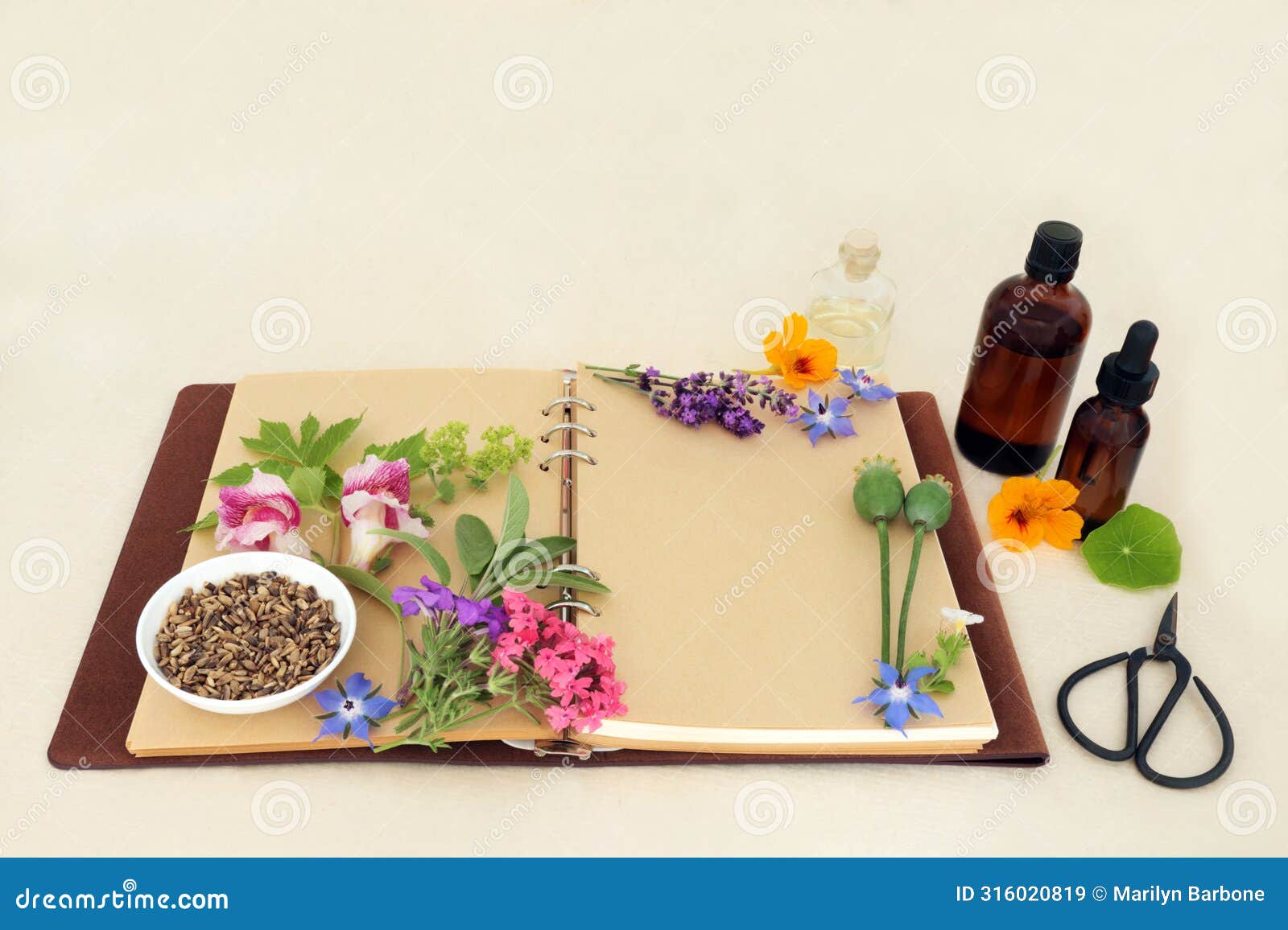herbal medicine preparation with herbs flowers and essential oil
