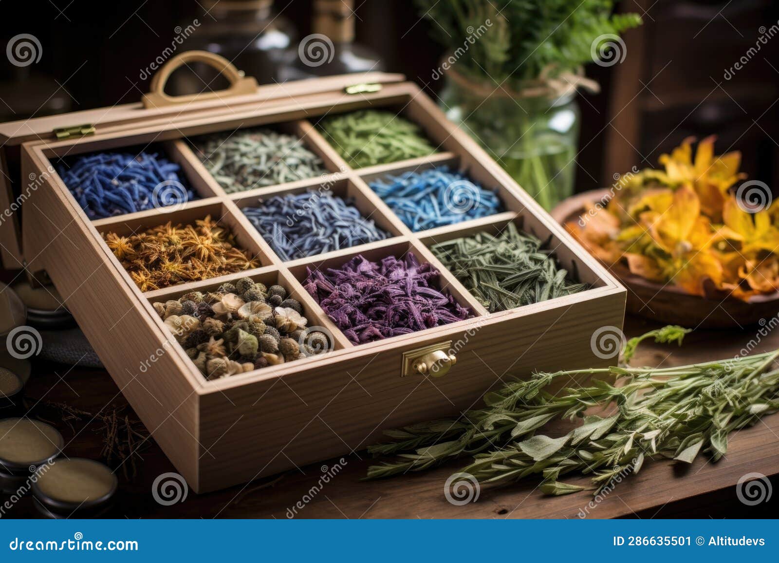 Herbal Tea Assortment in a Wooden Tea Box Stock Image Image of