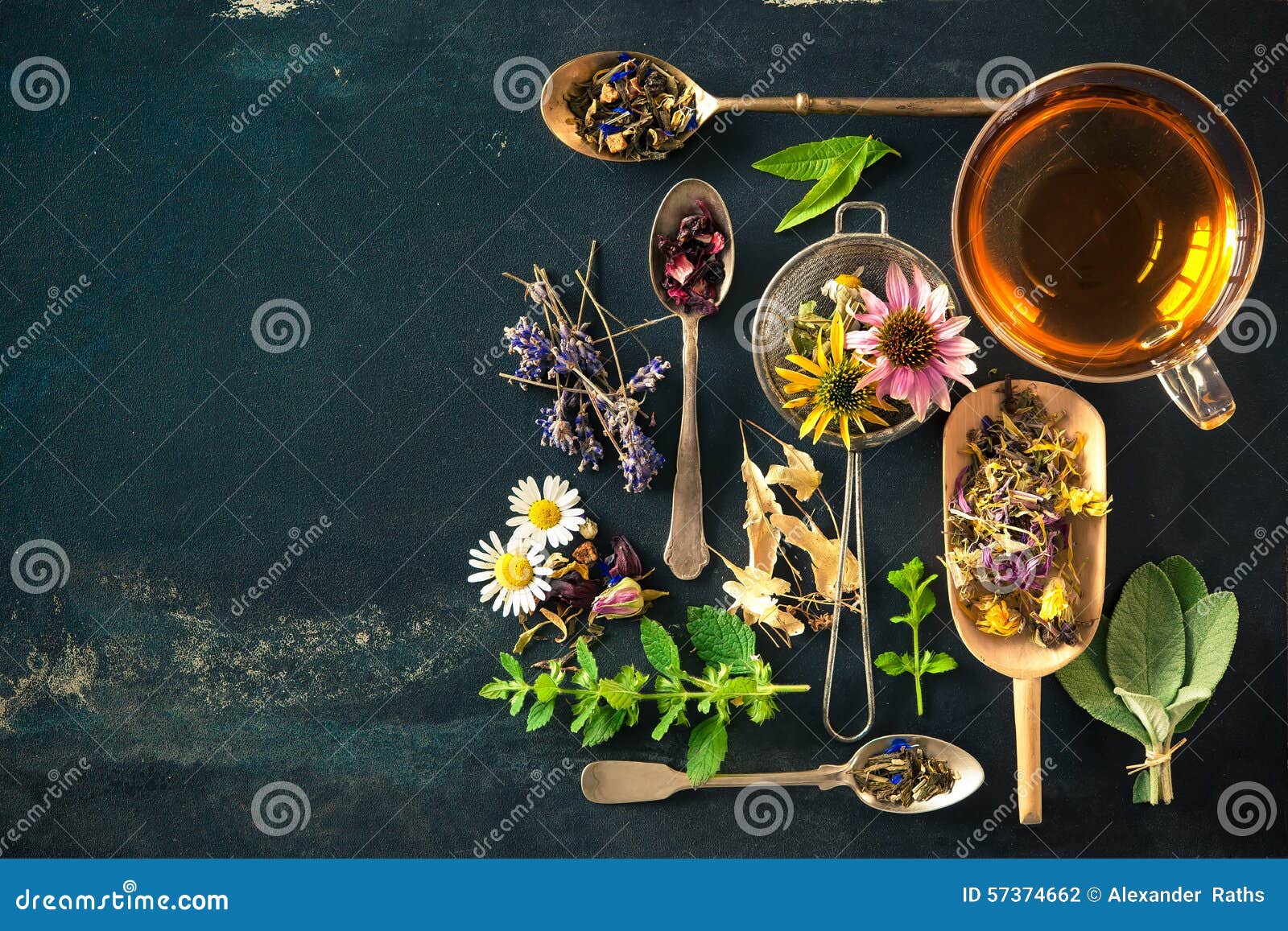 Cup of herbal tea with wild flowers and various herbs