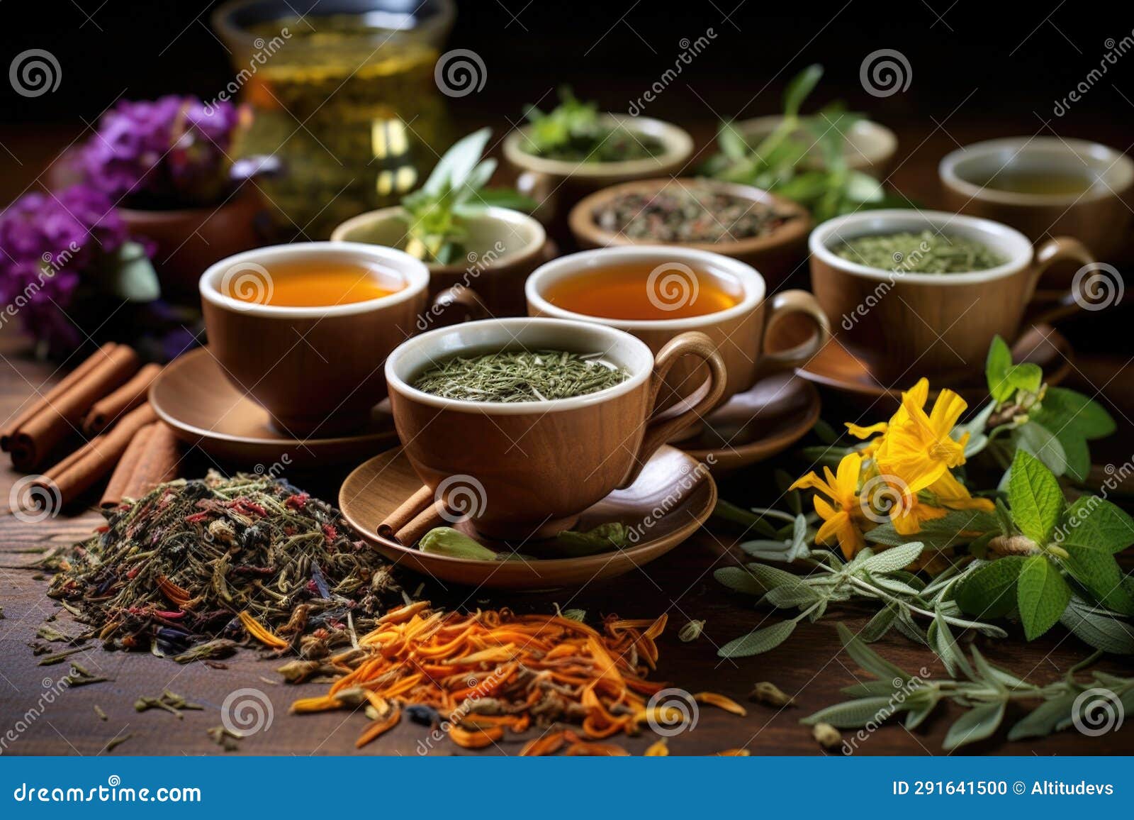 Herbal Tea Cups Surrounded by Various Tea Leaves Stock Photo Image of
