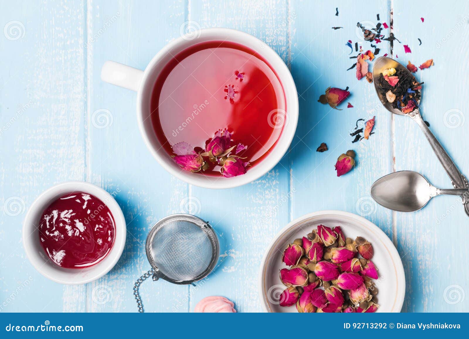 Herbal Tea and Dry Roses on Blue Colored Table Stock Photo Image of herbal, healthy 92713292
