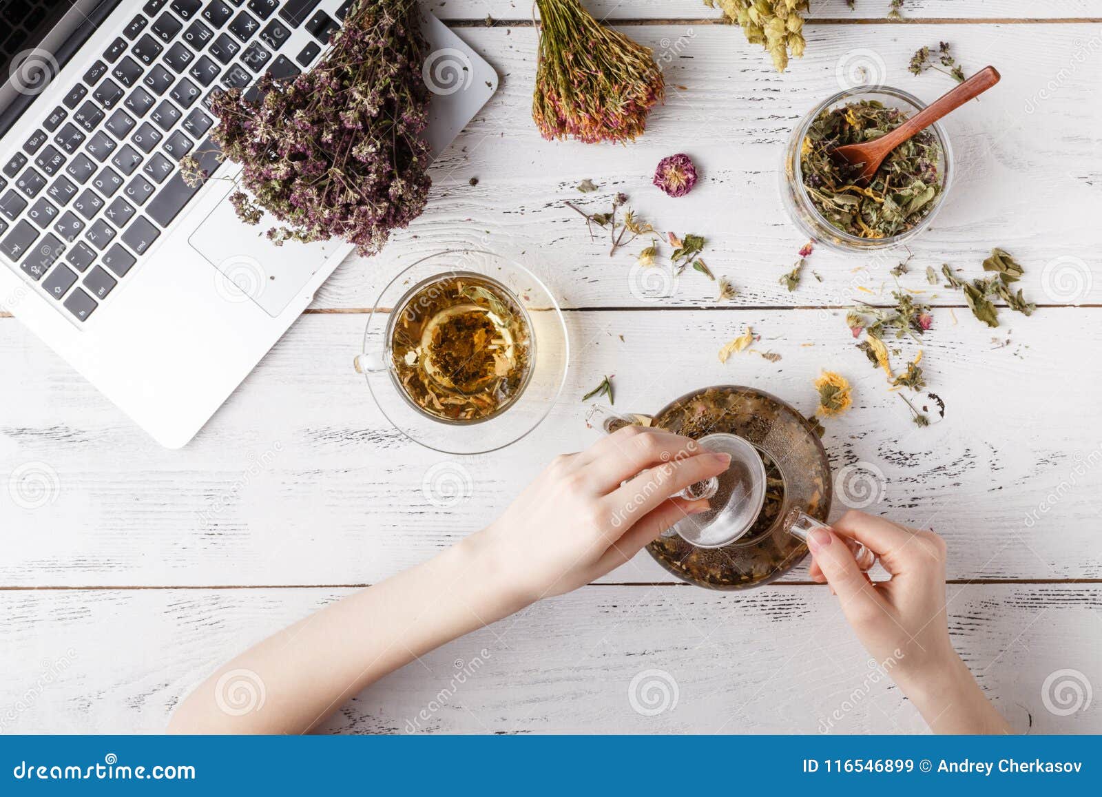 herbal tea for home medicina, flat lay on table