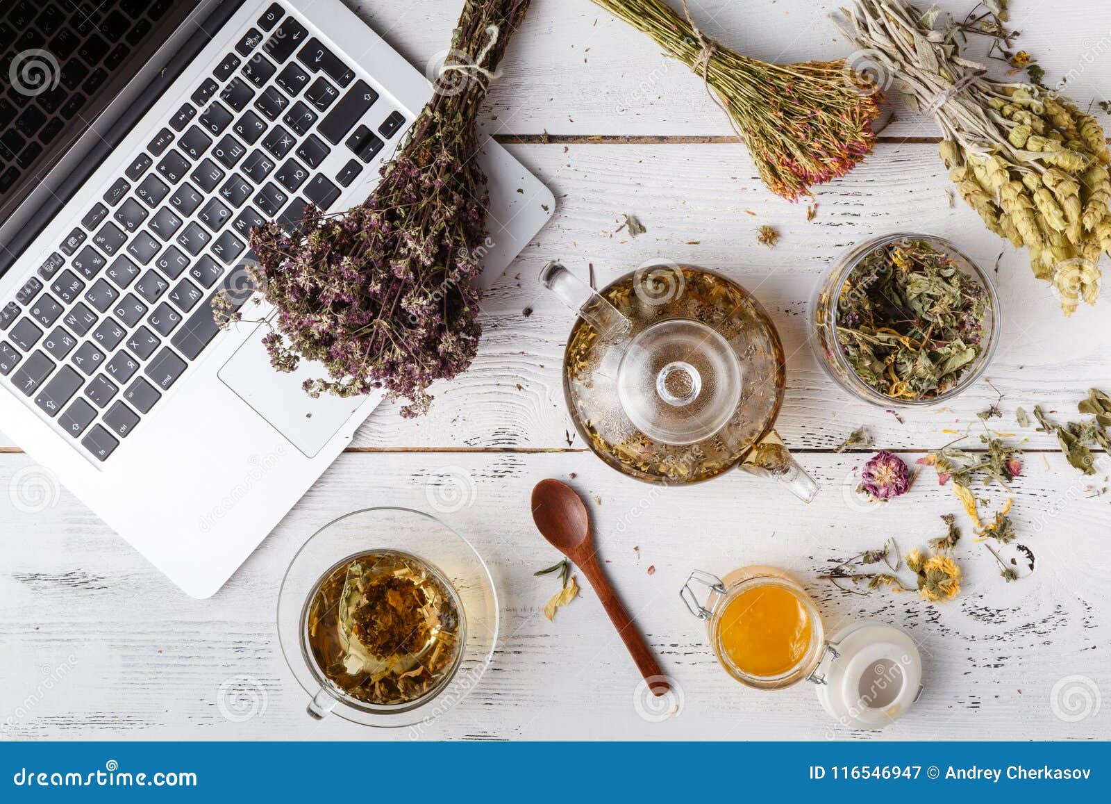 herbal tea for home medicina, flat lay on table