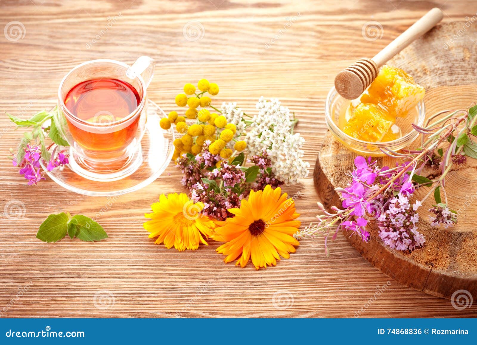 Herbal Tea, Honey and Various Herbs Stock Photo Image of petals