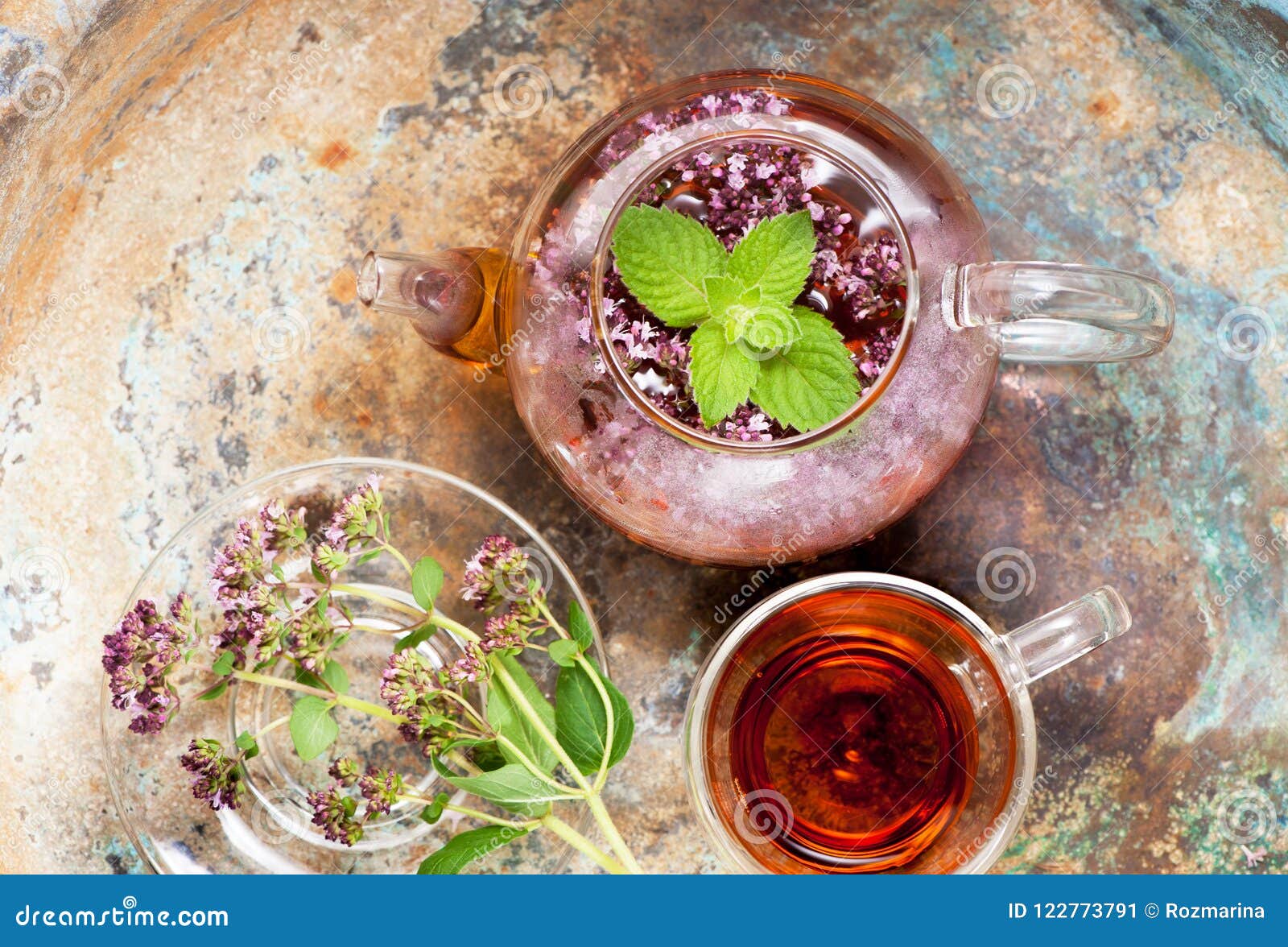Herbal Tea with Mint and Oregano in a Glass Teapot Stock Image Image