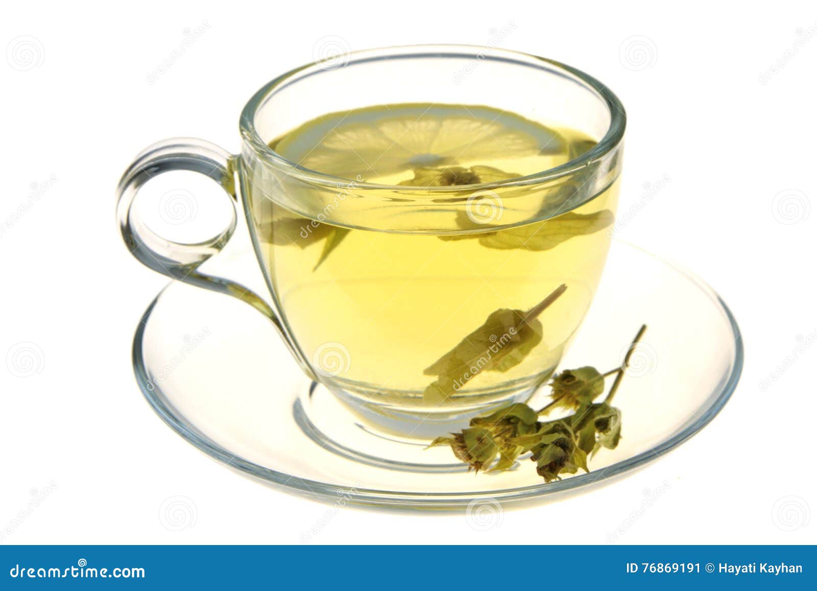 Herbal Tea, Sage Leaves and Lemon Slice Isolated on White Background