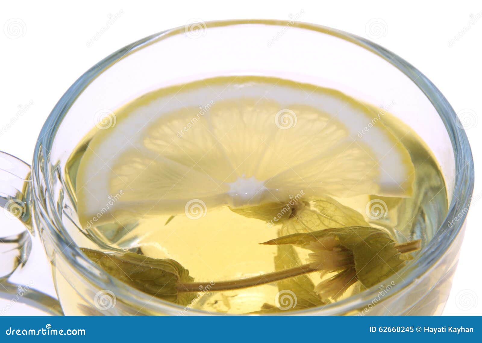 Herbal Tea, Sage Leaves and Lemon Slice on White Background, Macro Shot