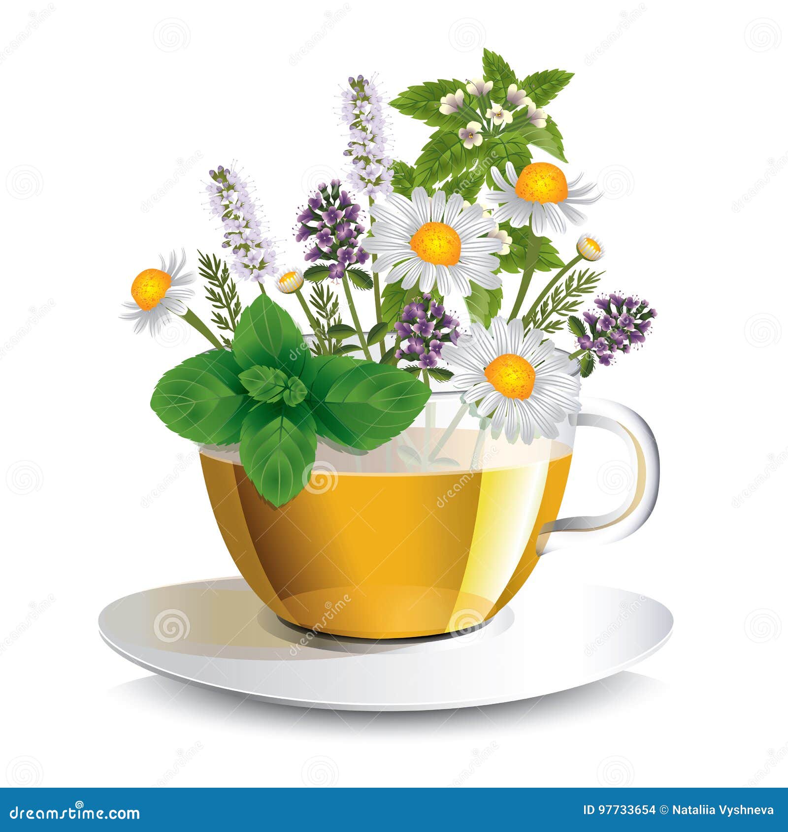herbal tea in a transparent cup with aromatic herbs