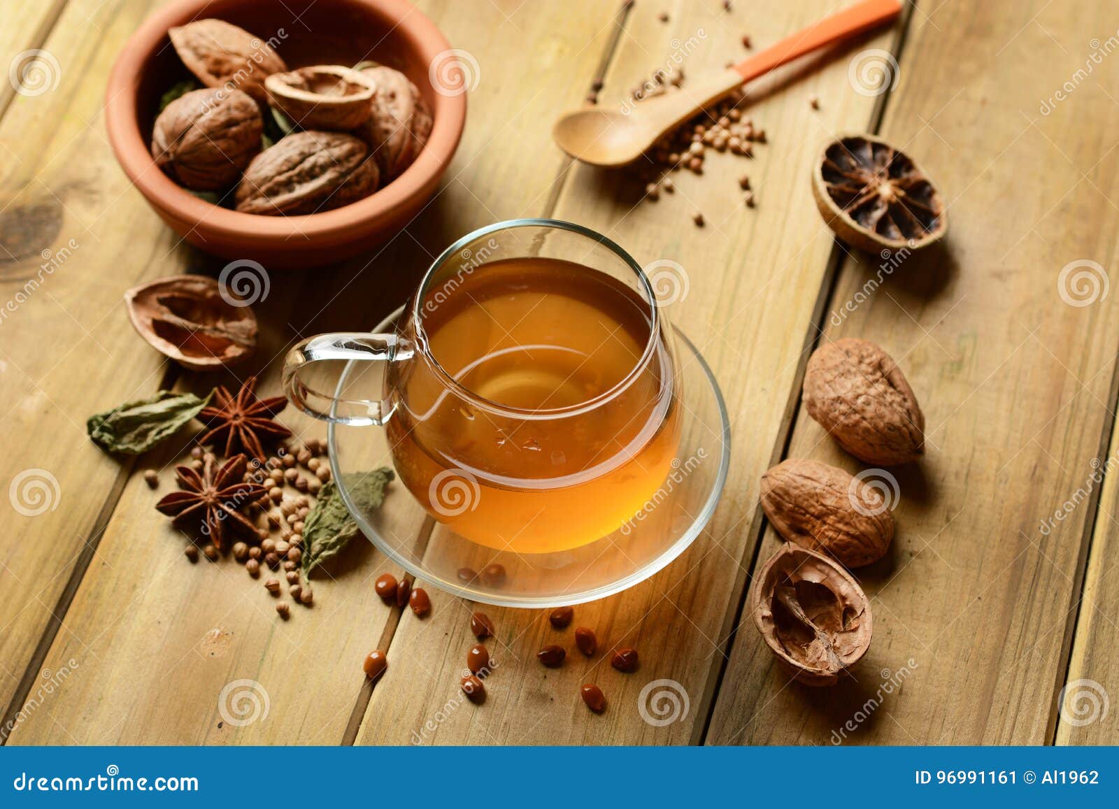 Herbal Tea with Walnuts and Ingredients Around Stock Image Image of