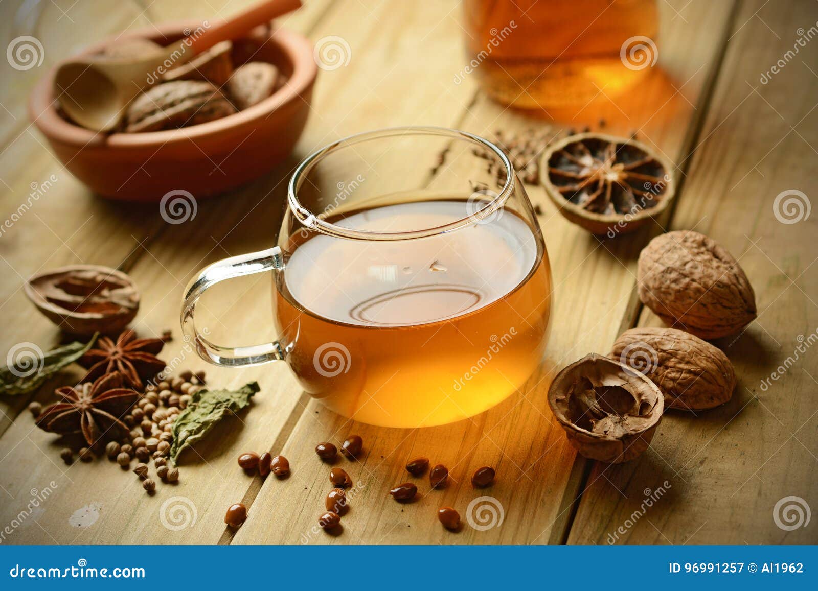 Herbal Tea with Walnuts and Ingredients Around Stock Image Image of