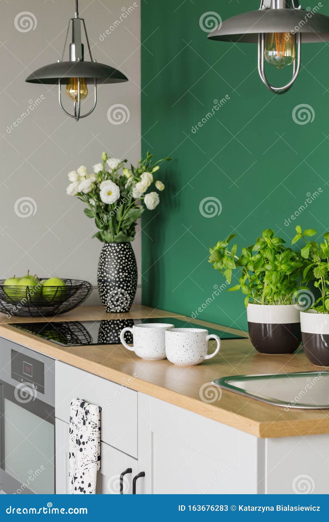 Flowers, Apples, and Coffee Mugs on Kitchen Counter Stock Image Image