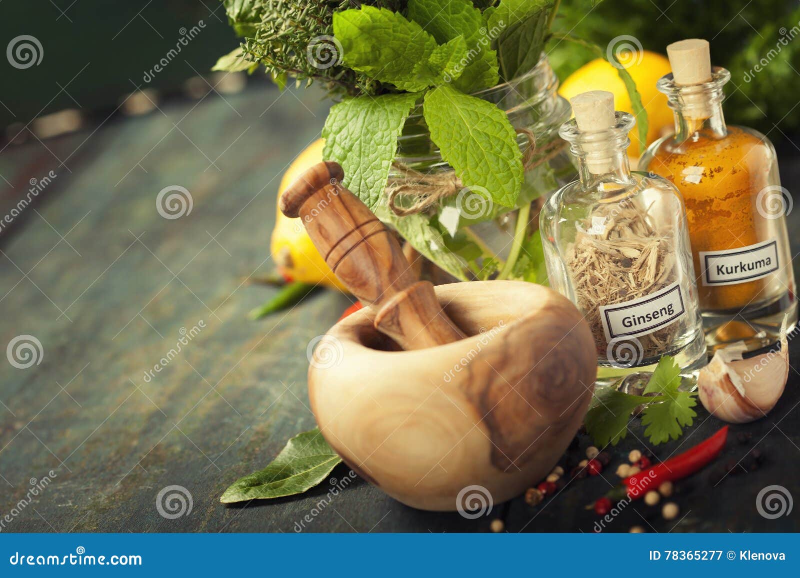 Herbs and Spices with Mortar and Pestle Stock Image Image of organic
