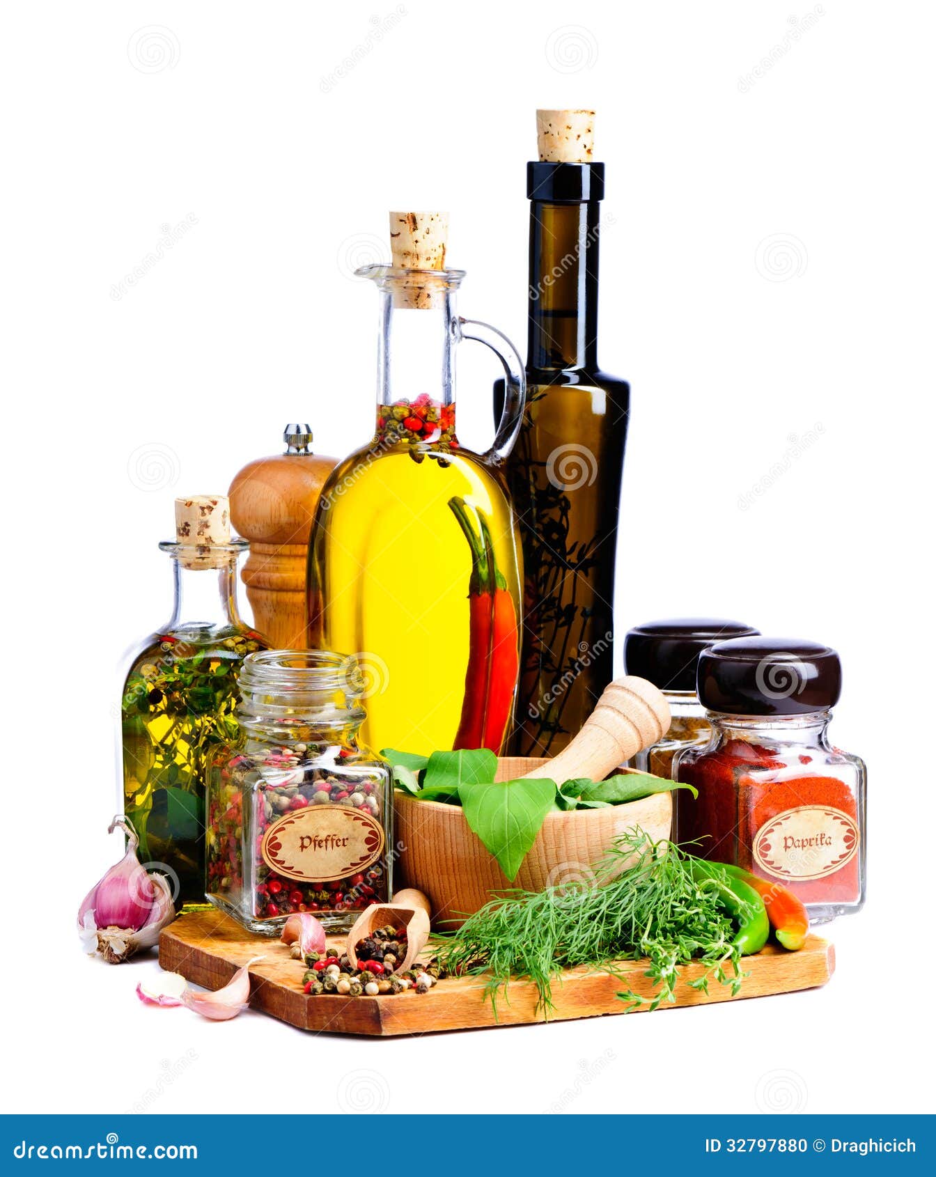 Herbs, Spices and Olive Oil Stock Photo Image of mediterranean