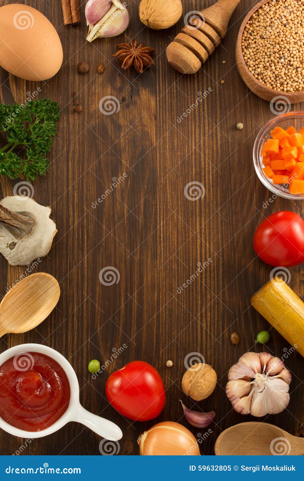 Herbs and spices on wood stock image. Image of background - 59632805