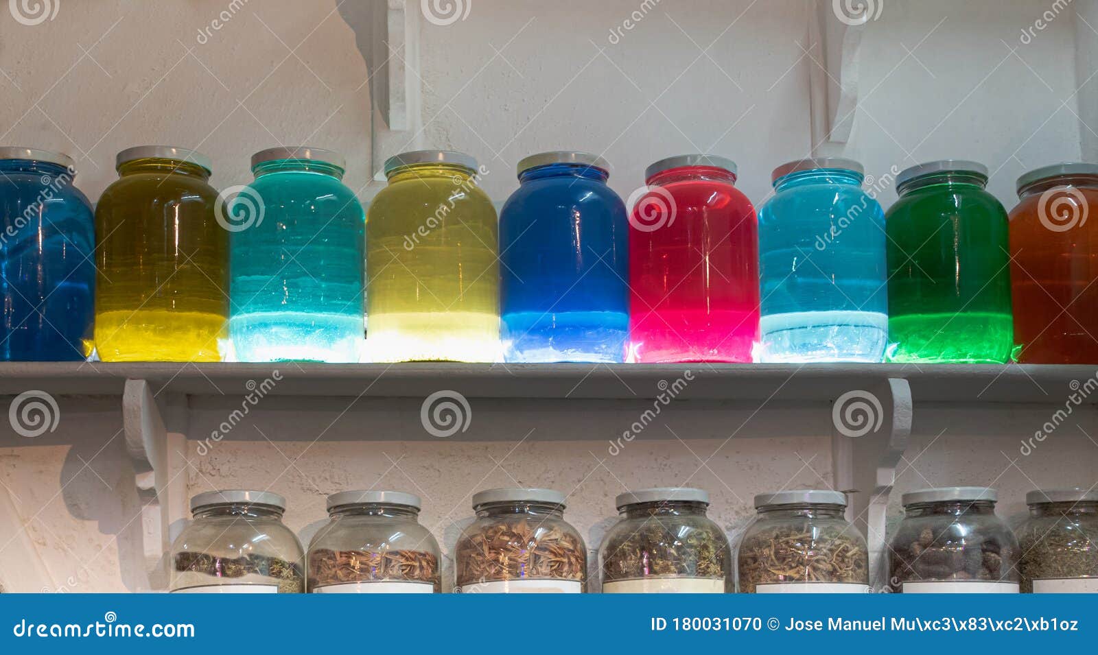 Herbs and Teas in Glass Jars and Colored Liquids Stock Photo Image of