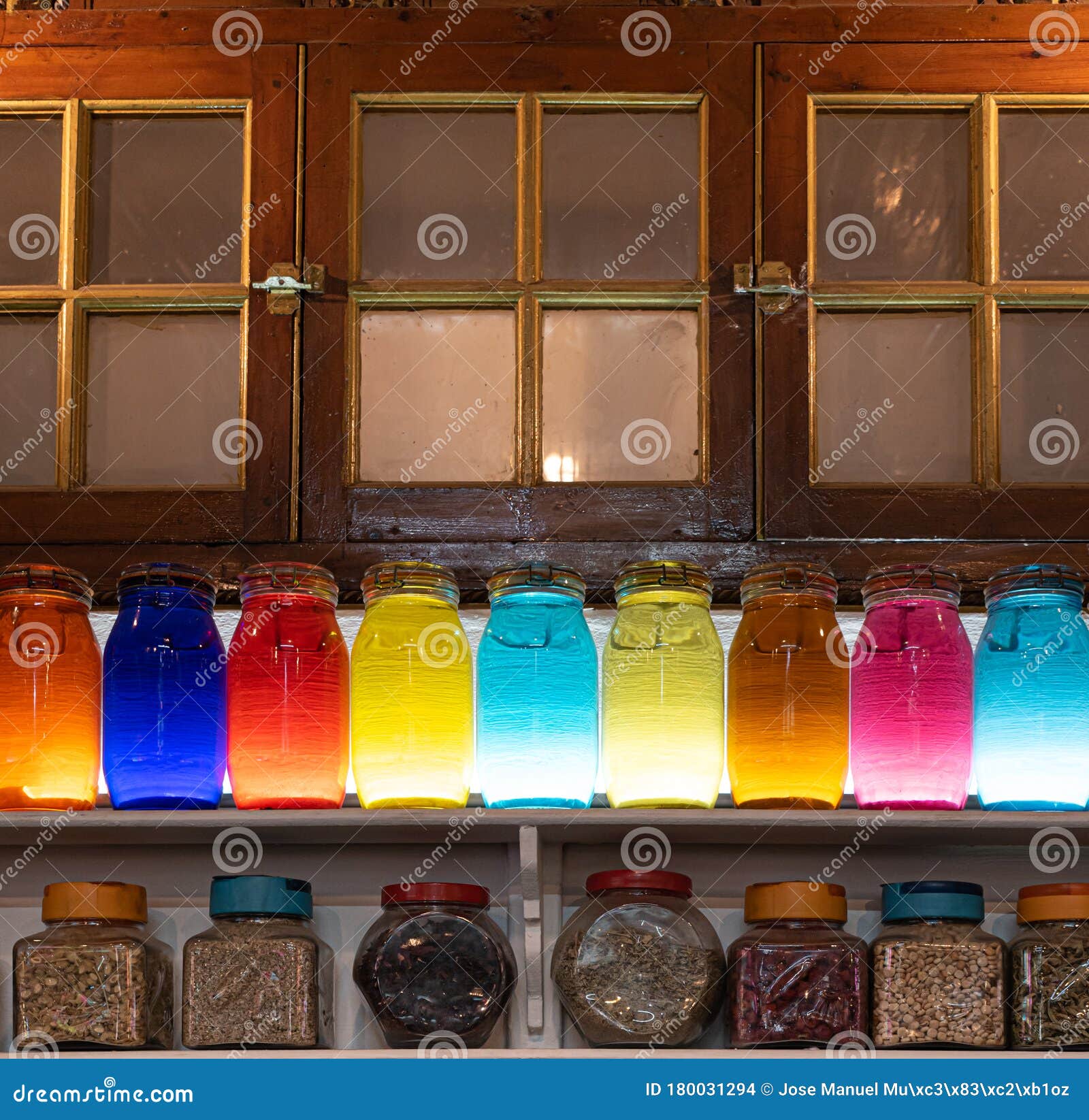 Herbs and Teas in Glass Jars and Colored Liquids Stock Photo Image of