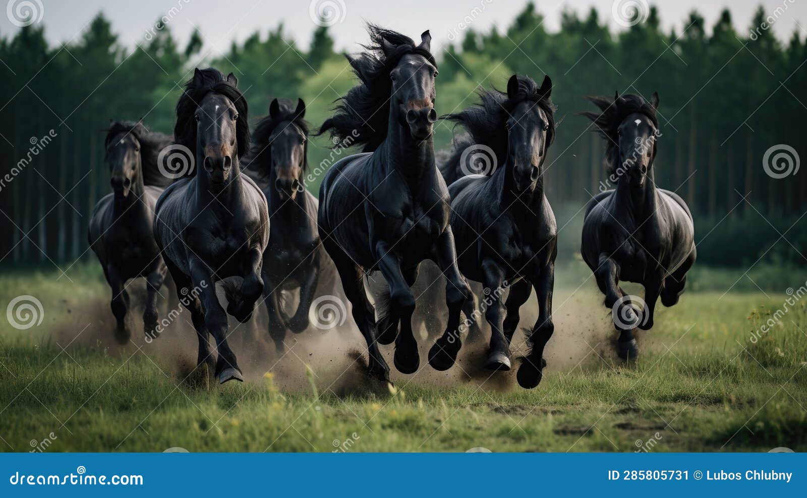 Herd of Friesian Black Horses Galloping in the Grass Stock Illustration