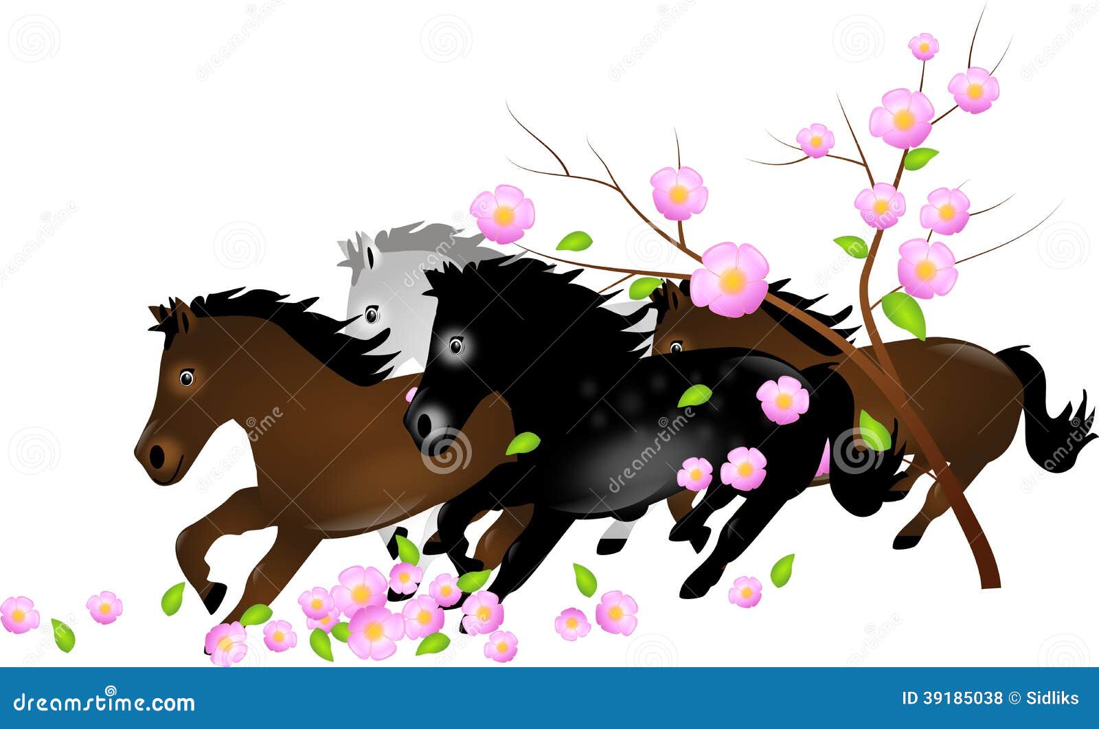 Herd of Horses Running in Falling Blooms of Tree Stock Illustration