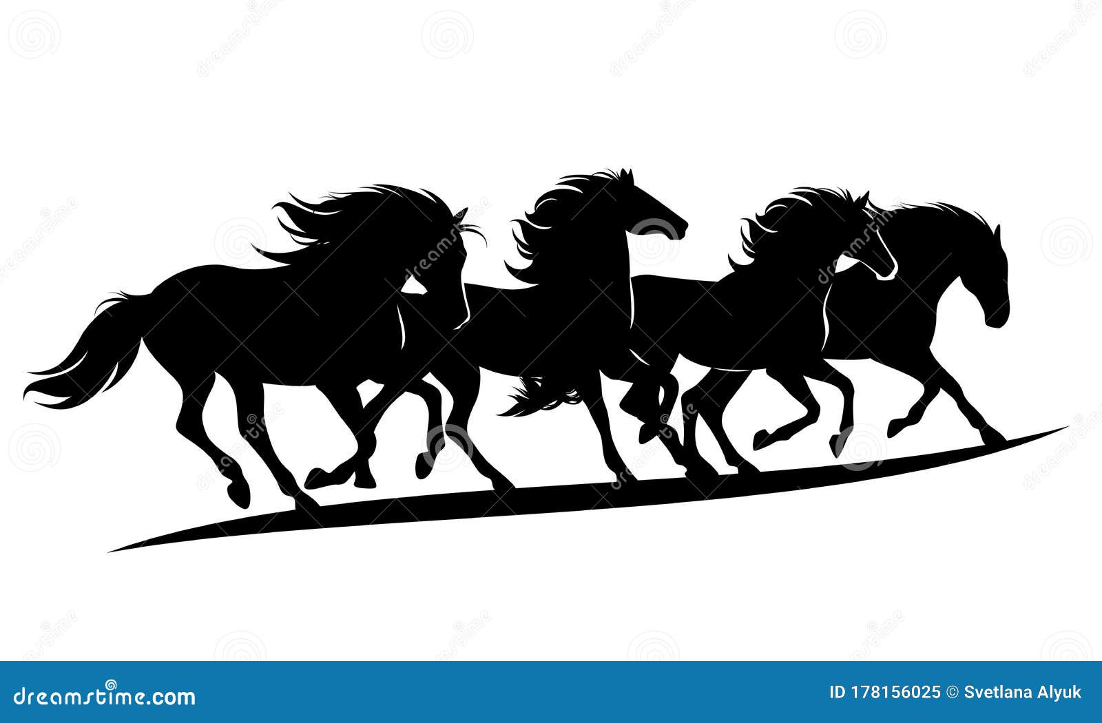 running mustang horses herd black and white  silhouette