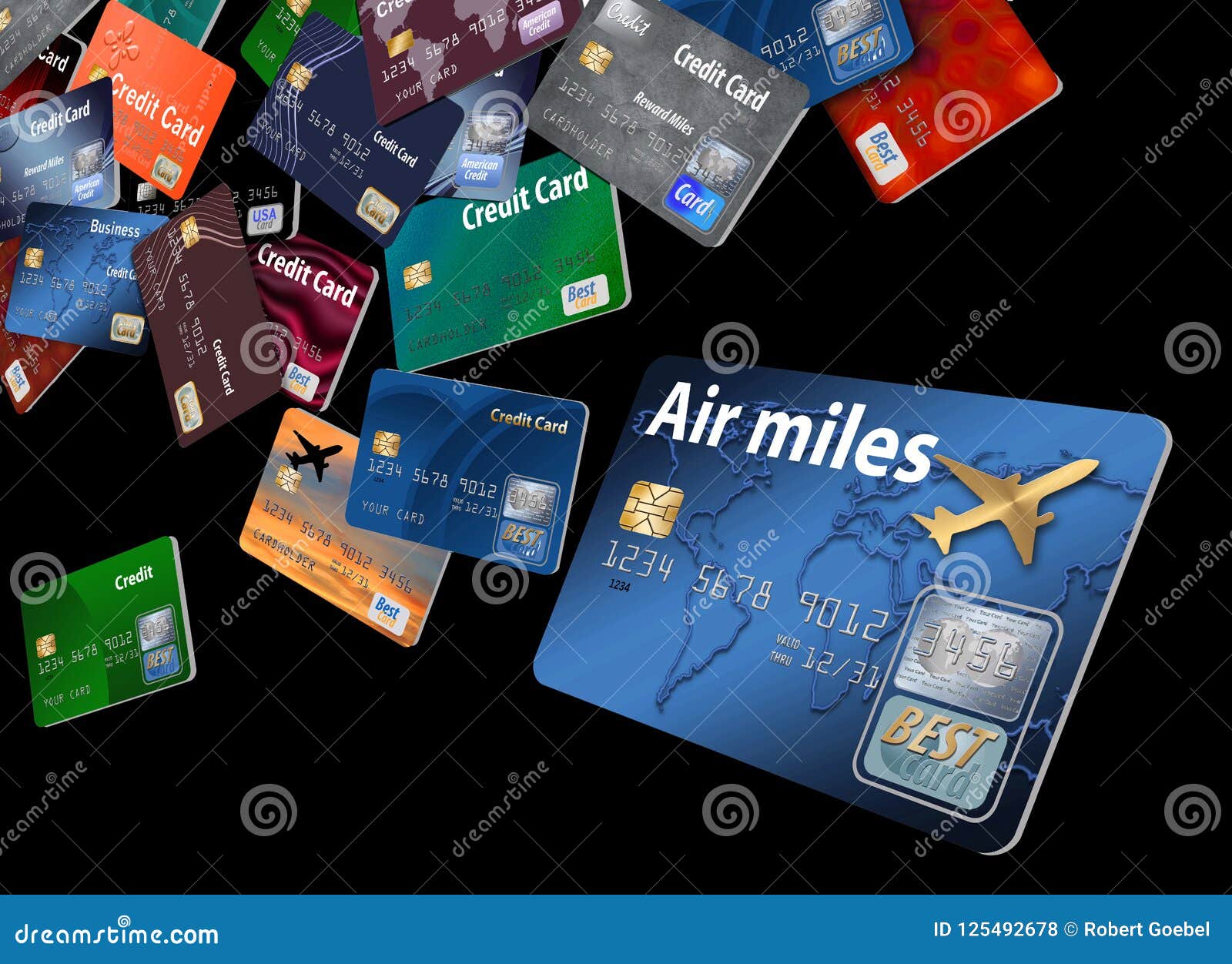 Here Is An Air Rewards Credit Card With Airline Credit Cards Floating In The Air Stock Illustration Illustration Of Finance Money 125492678