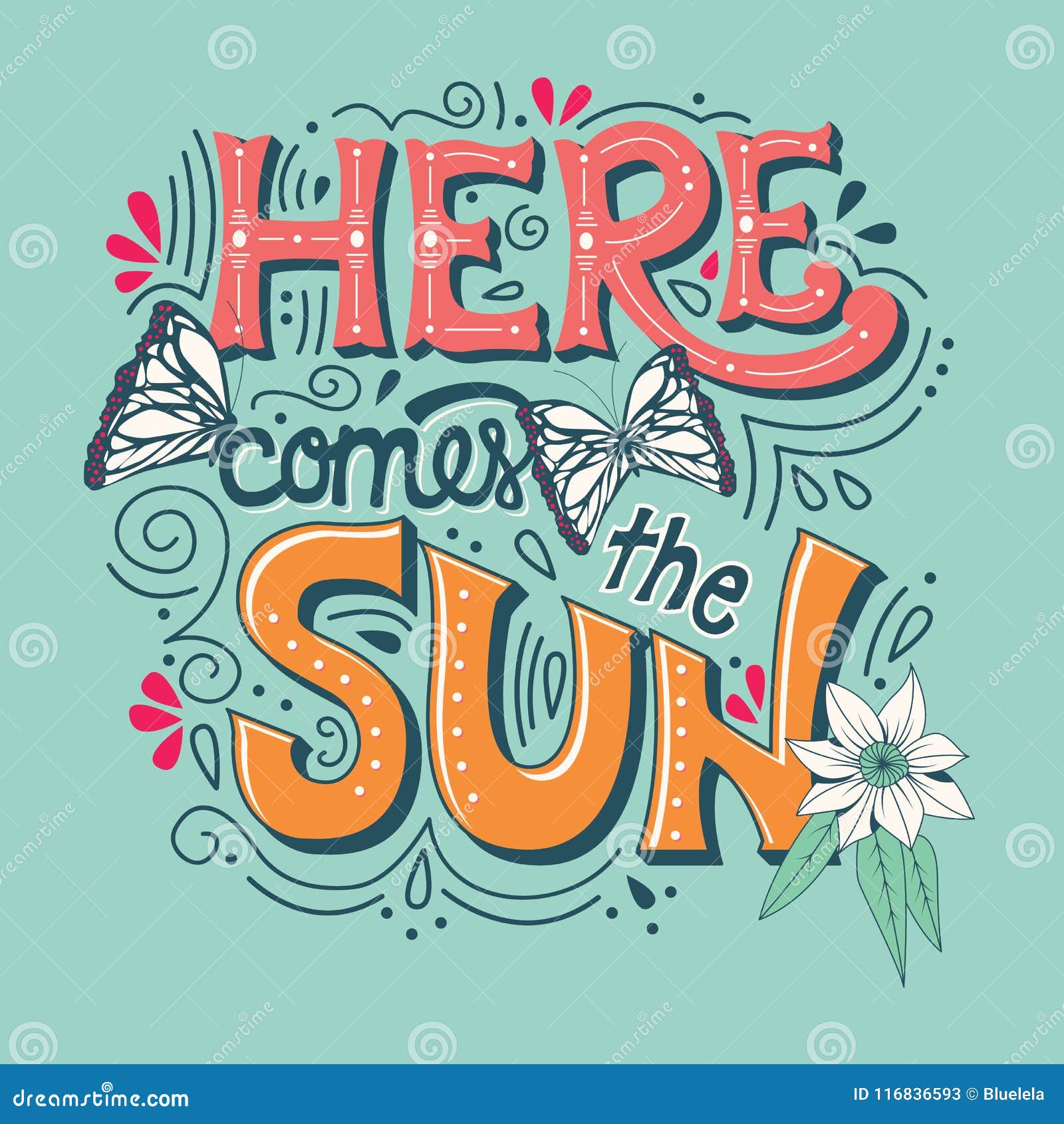 here comes the sun typography banner with butterflies, flowers and swirls