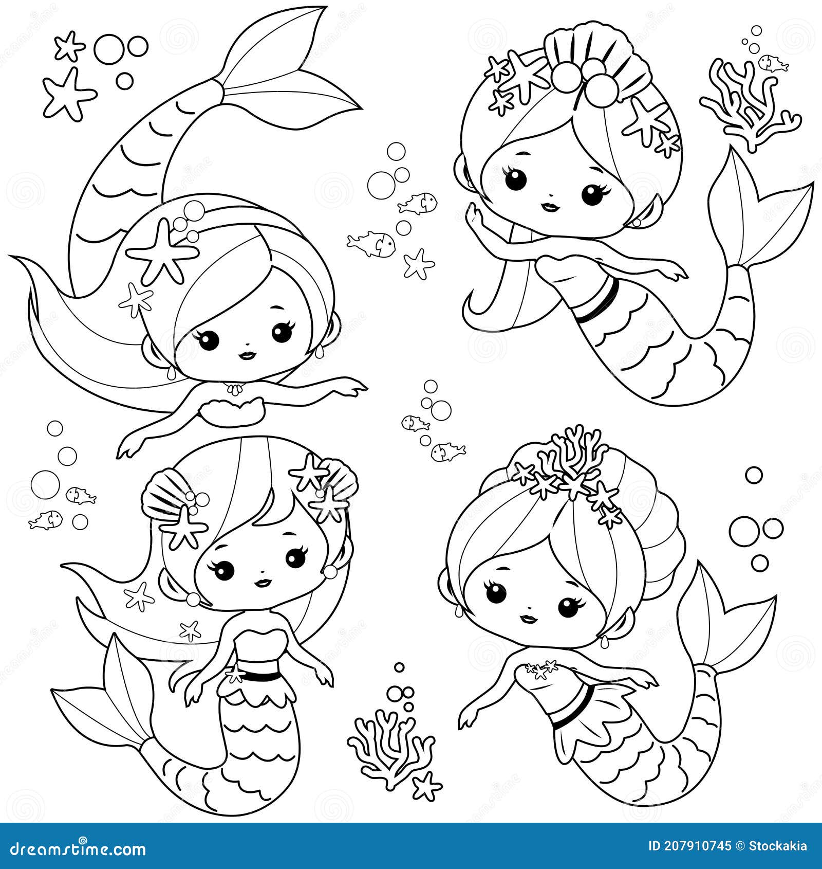 Hermosa Colección De Sirenas. Página Vectorial Blanco Y Negro Para Colorear  Ilustración del Vector - Ilustración de sirenas, contorno: 207910745