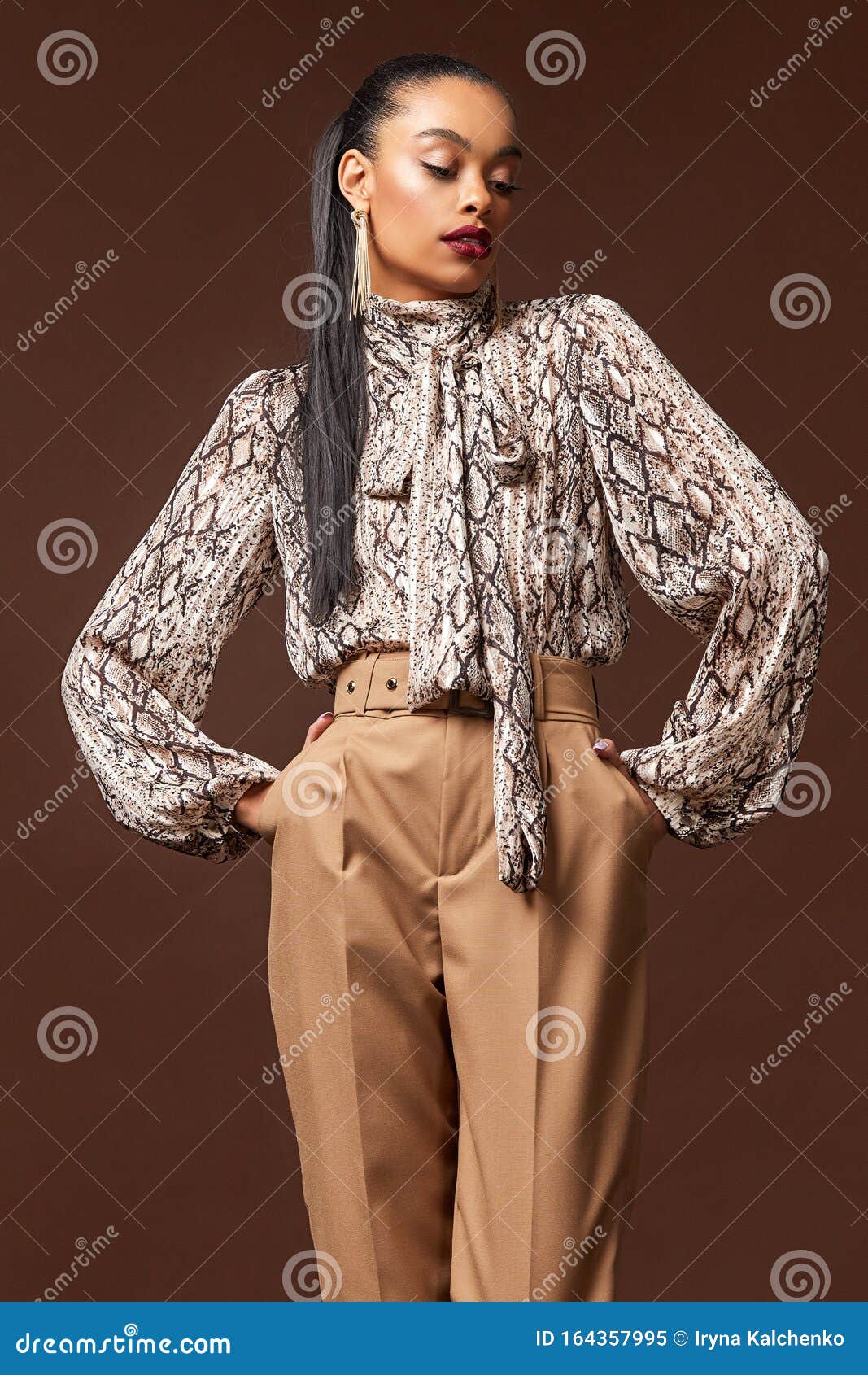 Hermosa Mujer Glamour Modelo Brunette De Pelo Ropa De Camisa Seda Pantalones Ropa Para Cada Día Fiesta Casual Estil Imagen de - Imagen de blusa, pendientes: 164357995