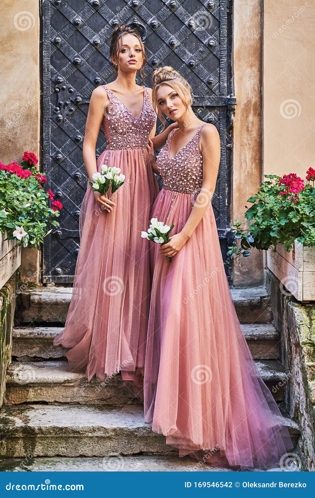 Hermosas Damas De Honor En Un Elegante Y Elegante Y Elegante Vestido Color Rosa Violeta Color Rosa, Largo Y Ancho, Con Traje J Foto de archivo - de romance, hermoso: