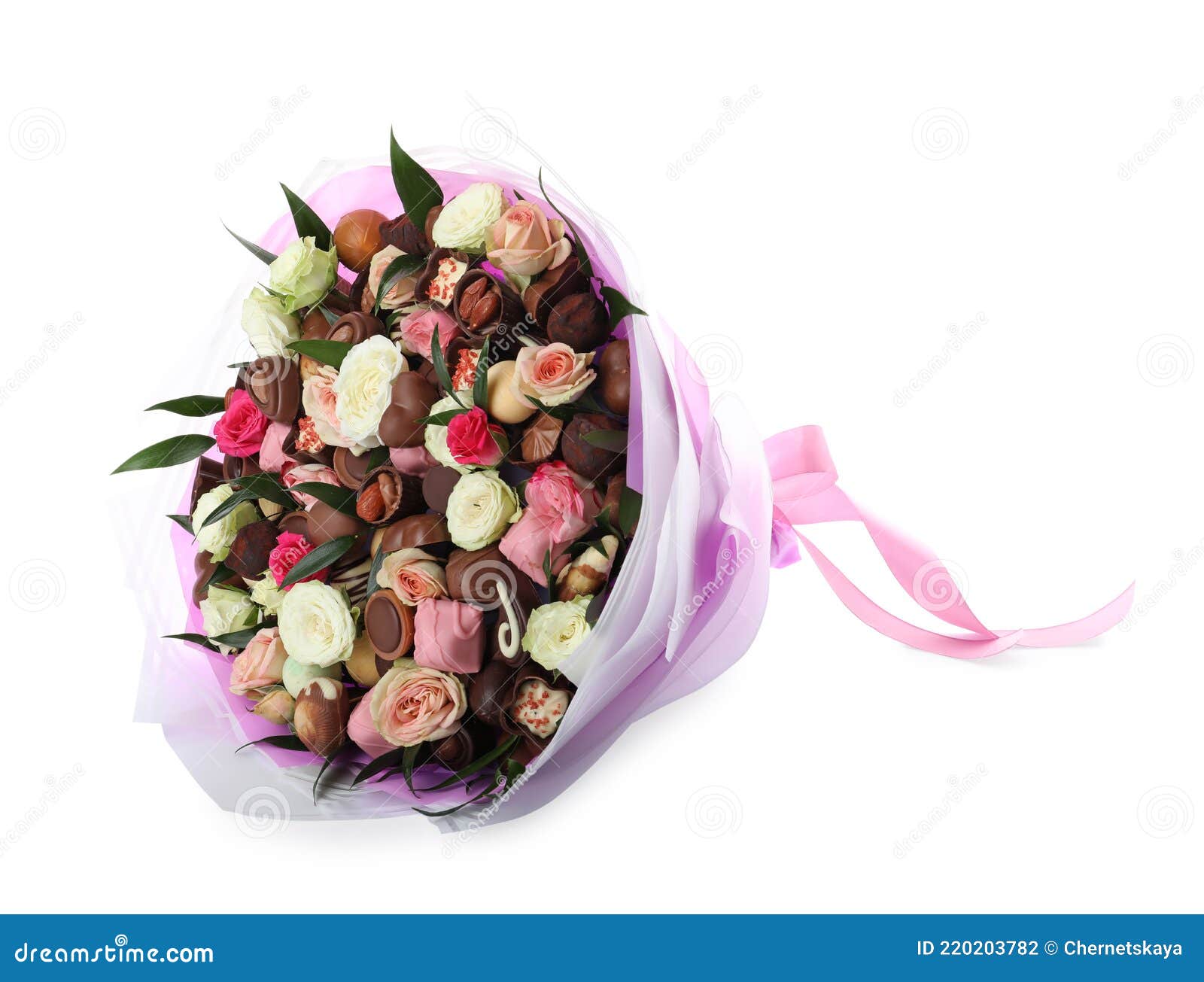 Hermoso Ramo De Flores Y Caramelos De Chocolate Aislado En Blanco Foto de  archivo - Imagen de saludo, coma: 220203782