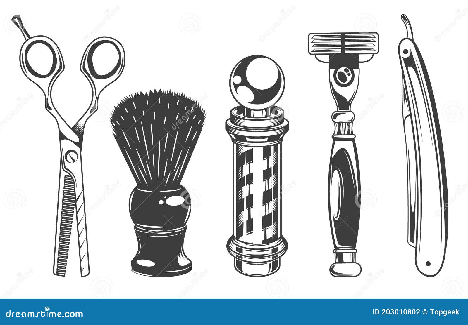 Conjunto de equipos de barbería y accesorios ilustración vectorial