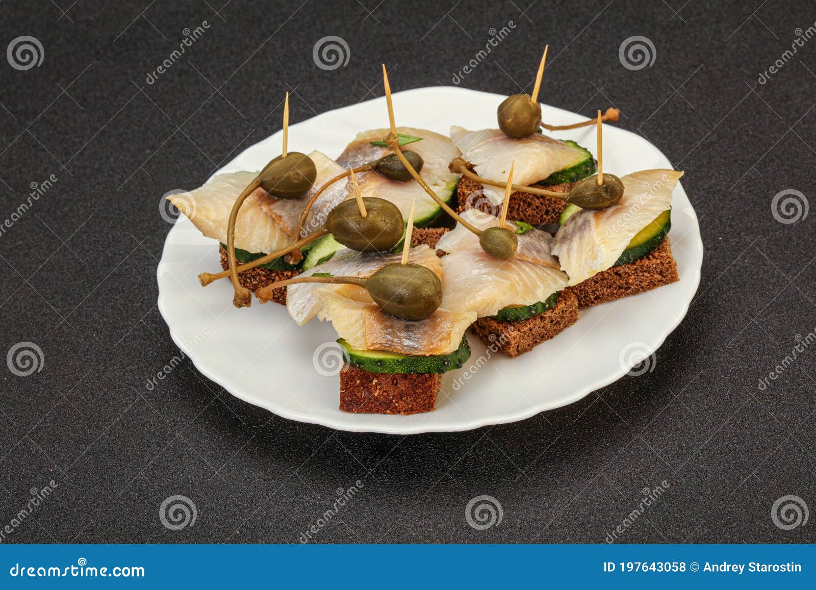 Herring Fillet Canape with Caperberry Stock Photo Image of bread
