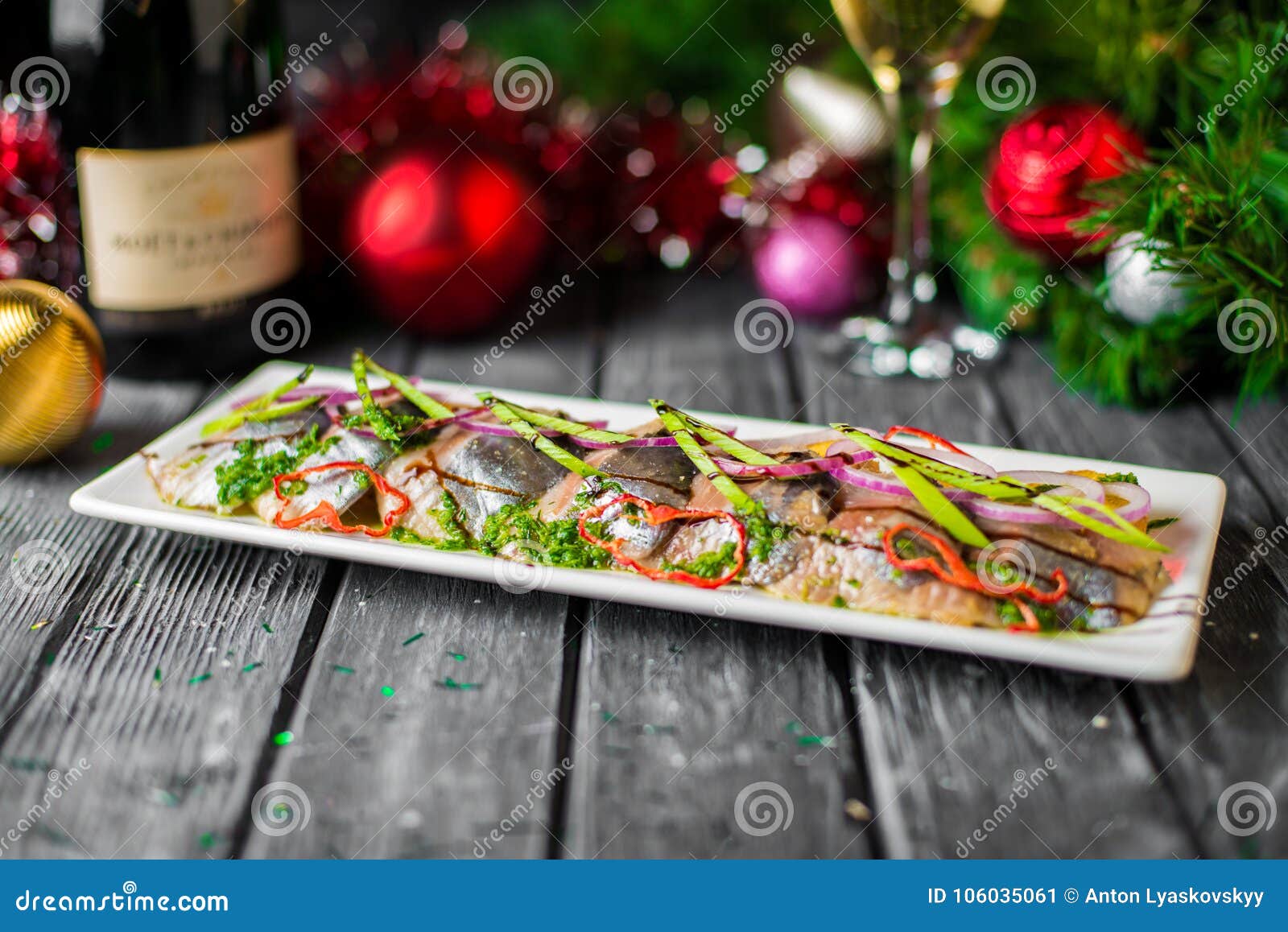 Herring in Oil with Greens on a New Year`s Table Stock Image Image of