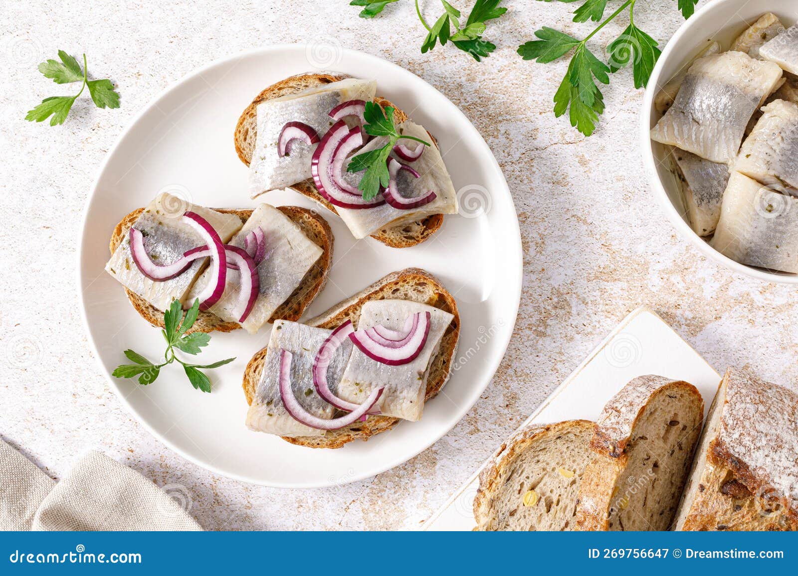 Herring Sandwich. Toast with Bread, Herring and Onion Stock Image