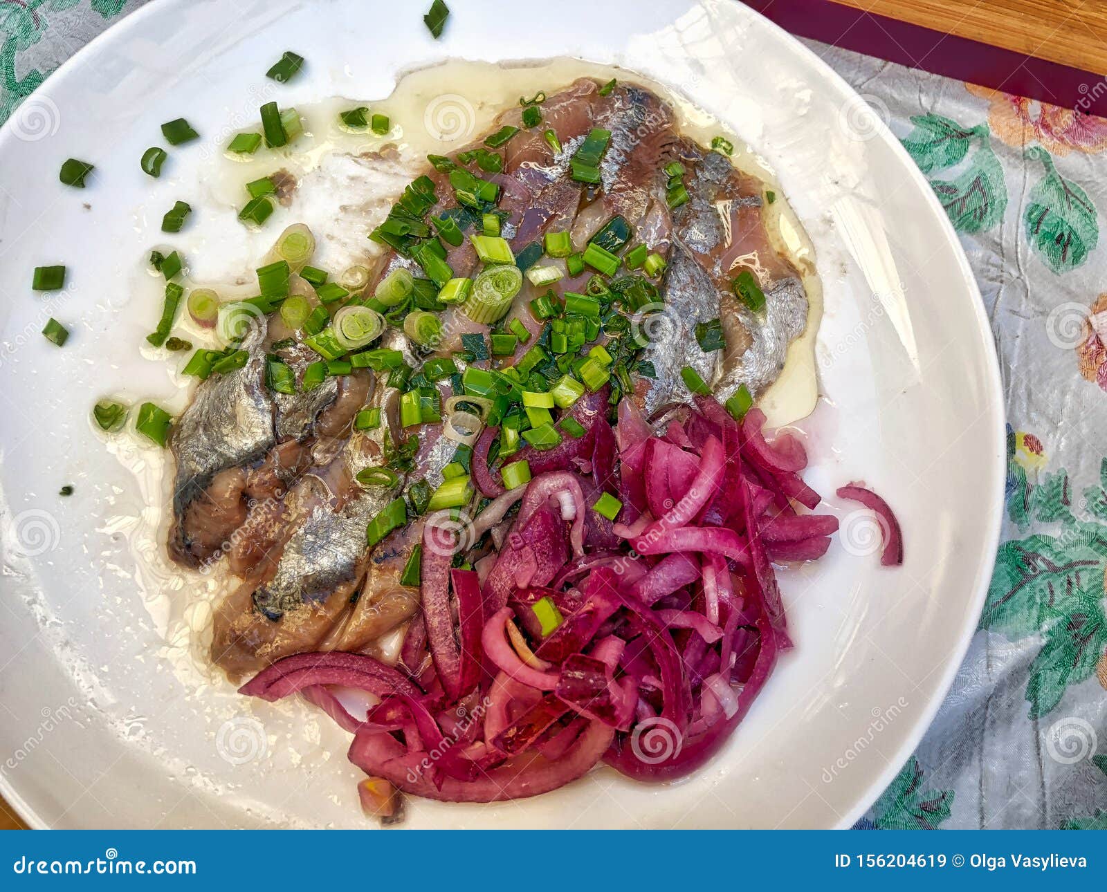 Herring Soaked in Mild Marinade with Green and Red Onion Stock Image