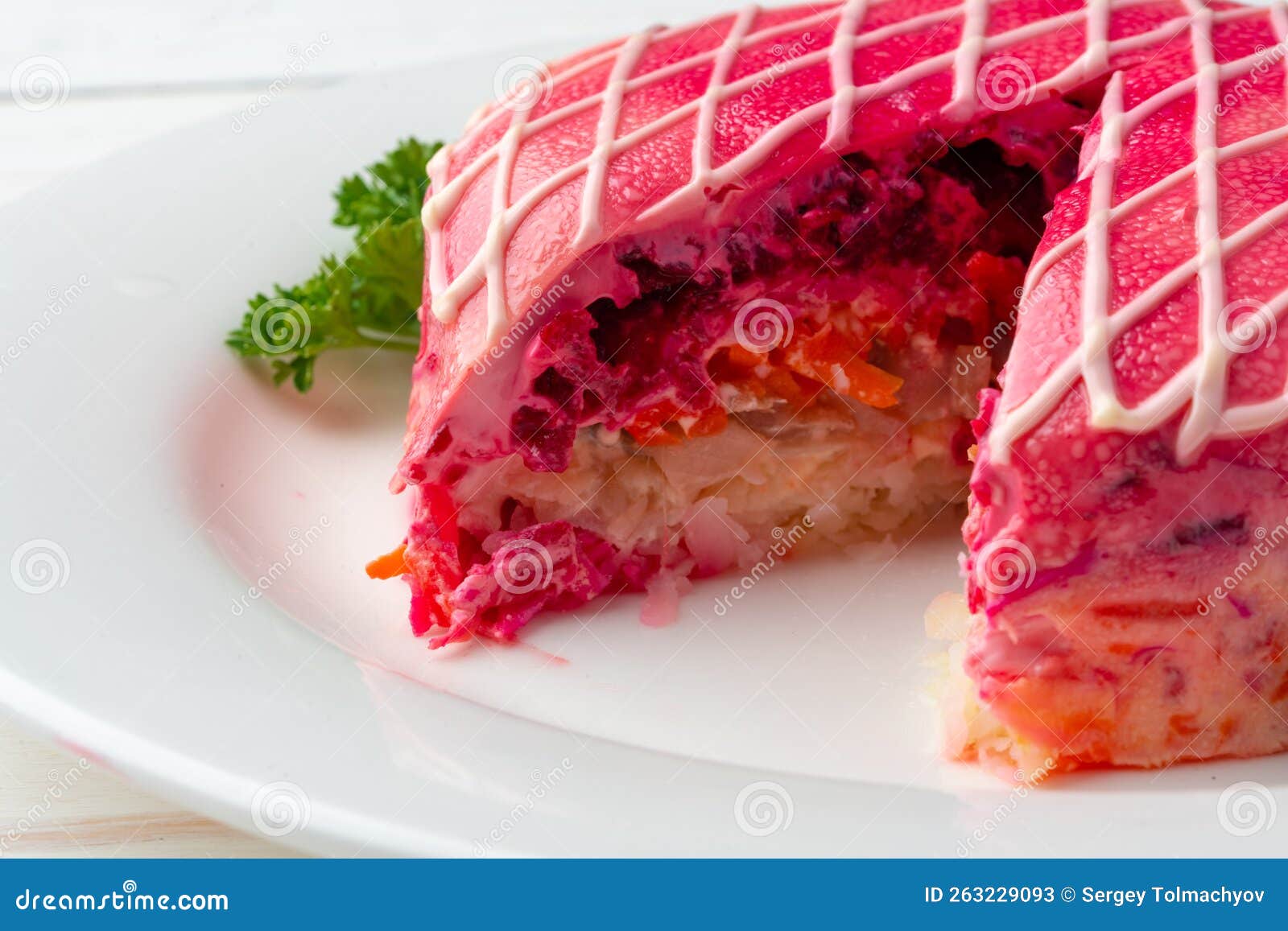 Herring Under Fur Coat Traditional Russian Salad on White Plate. Stock ...