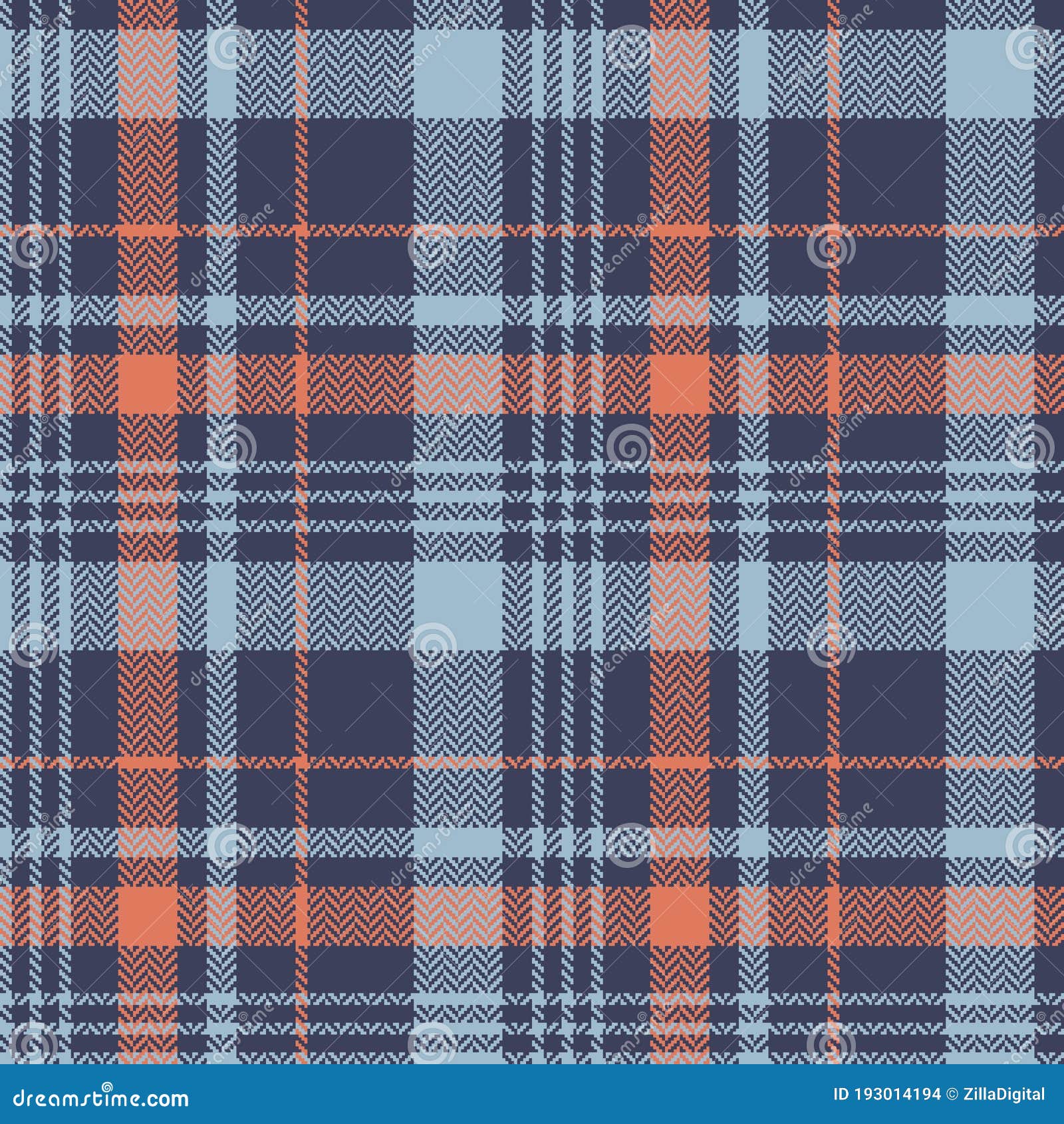 herringbone plaid pattern in blue and orange. tartan seamless check plaid for flannel shirt or other modern autumn print.
